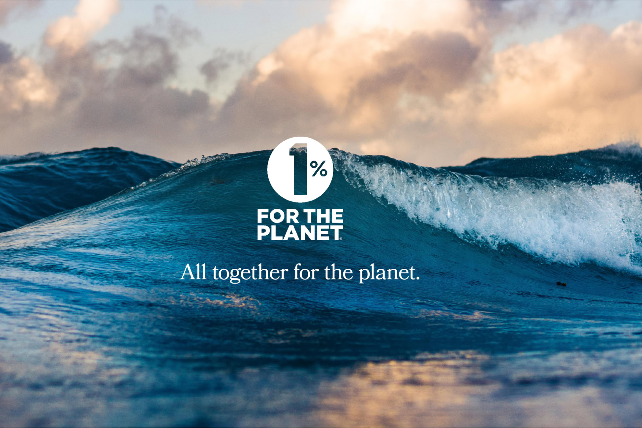 1 percent for planet logo with copy reading "all together for the planet". Background is rolling ocean waves.