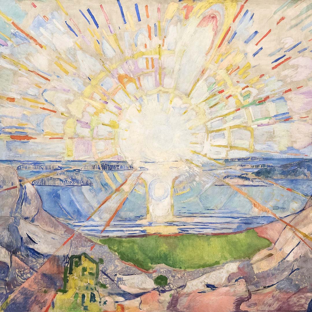 Edvard Munch's Solenintro (1912-1913), painting with incandescent sun shining over water and abstract terrain.