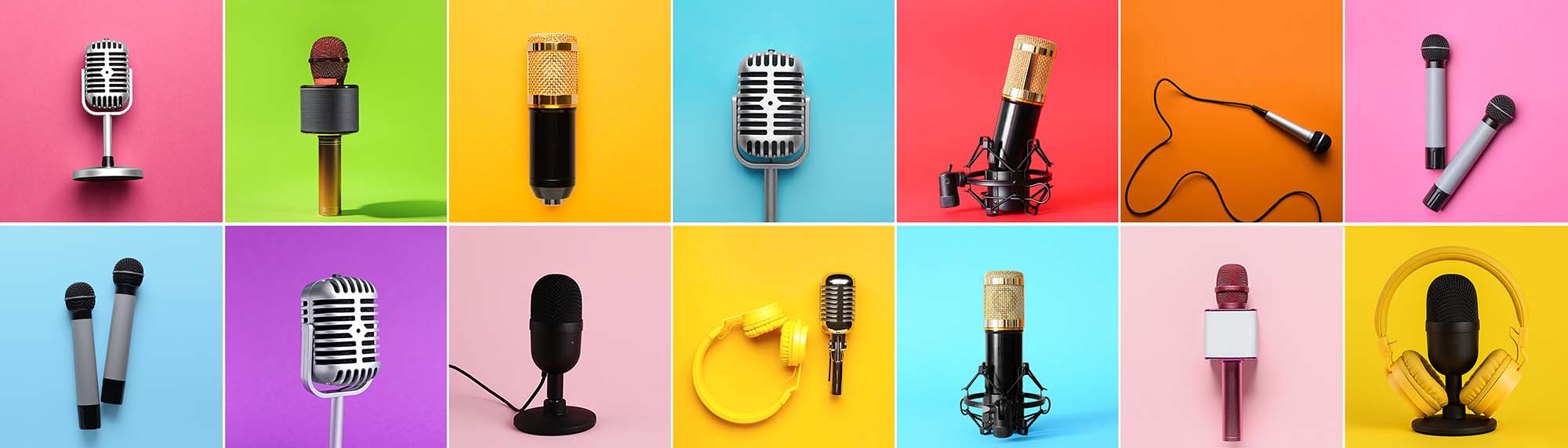 color blocked collage of microphones of different ages and styles, commonly used when recording podcasts