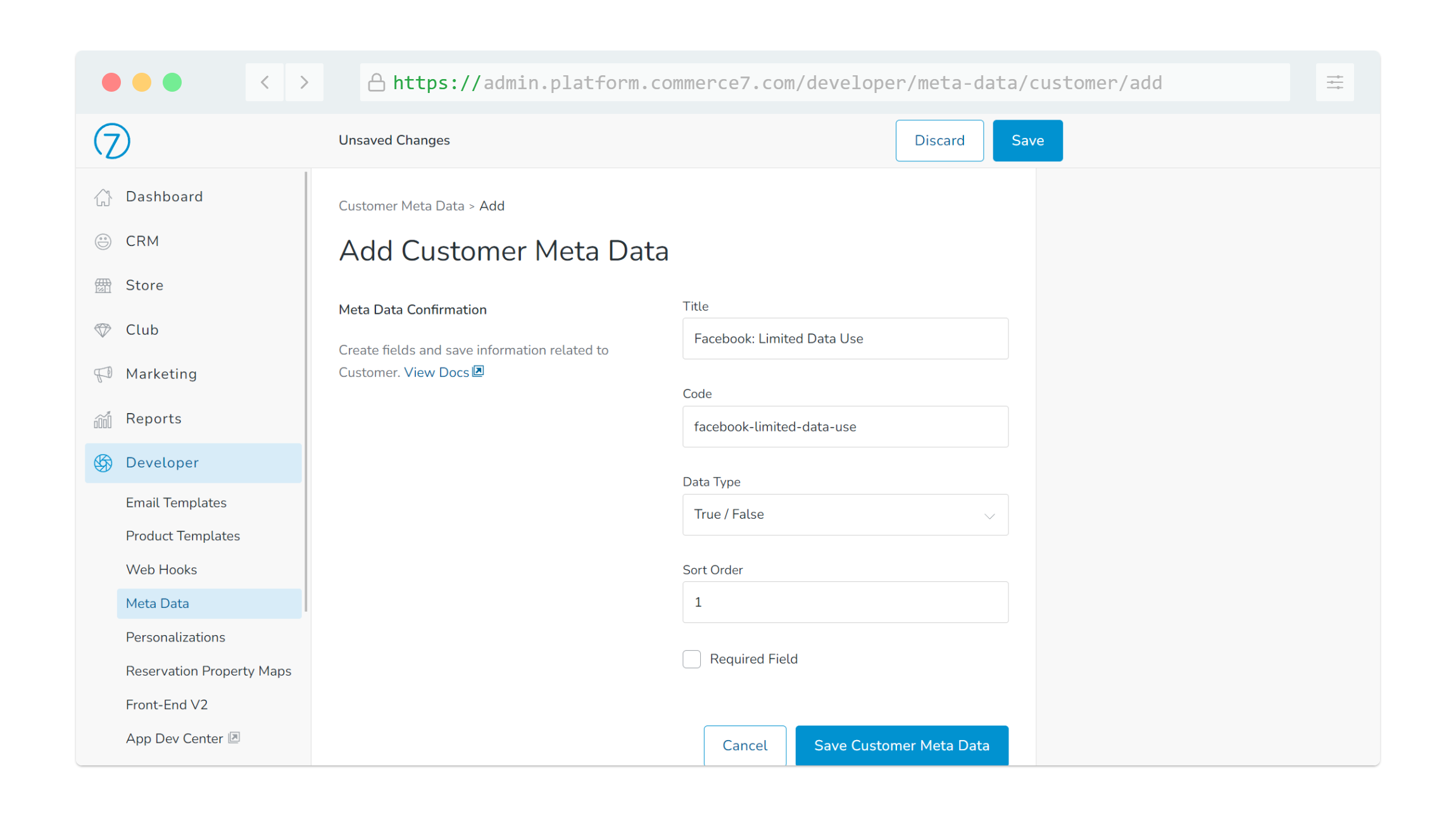 Commerce7 adding customer user meta data field