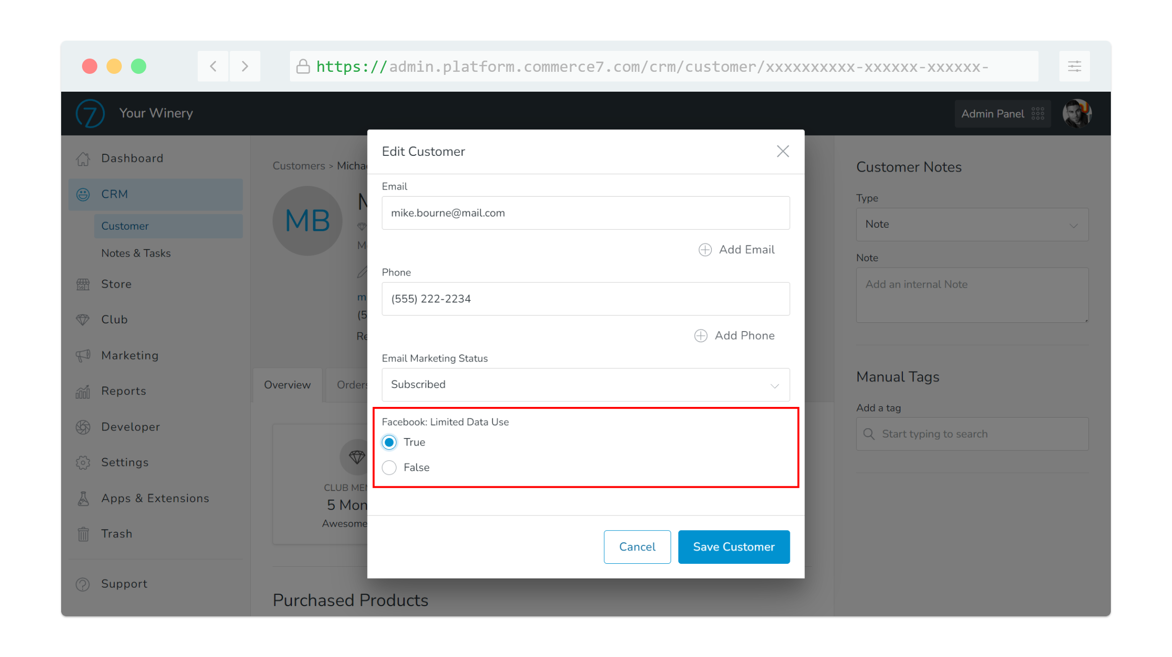 Commerce7 editing a user profile to enable the Facebook CCPA compliance flag.