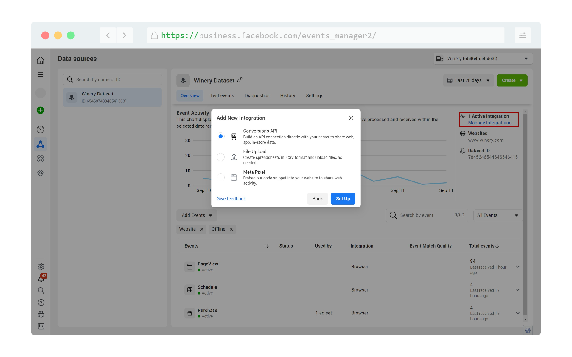 Facebook Business Manager Datasets integrations adding a new integration