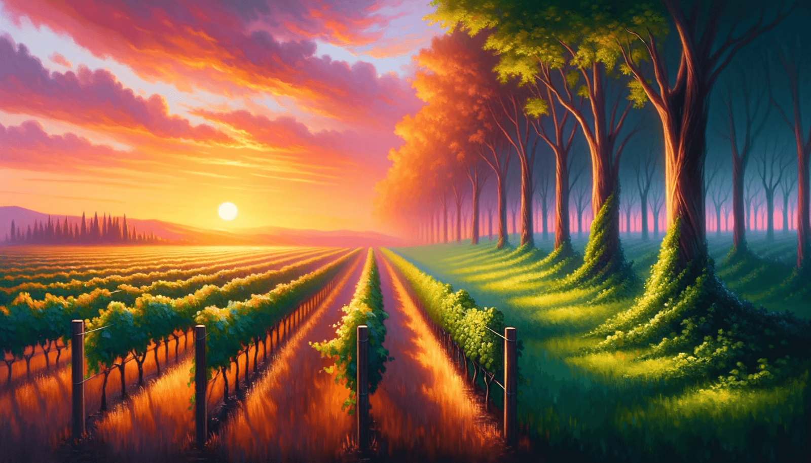 Oil painting. A picturesque vineyard during sunset with the orange and pink hues of the sky reflecting on the grapevines. As the scene extends, the vineyard subtly transforms into a verdant forest.