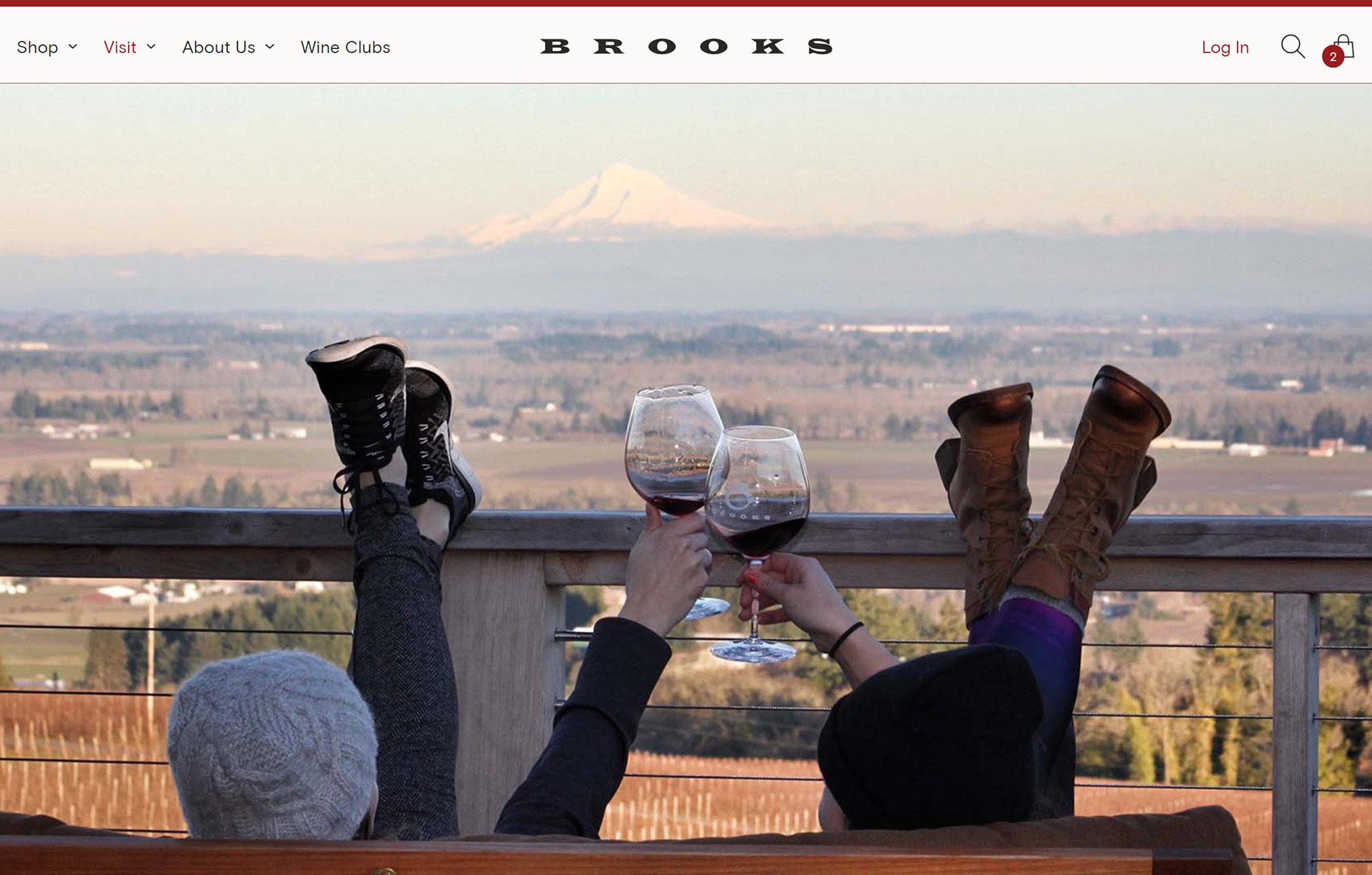Two people, seated casually with their feet on a railing, clink wine glasses with a scenic vista of a vast valley and distant mount hood in the background, under a clear sky.