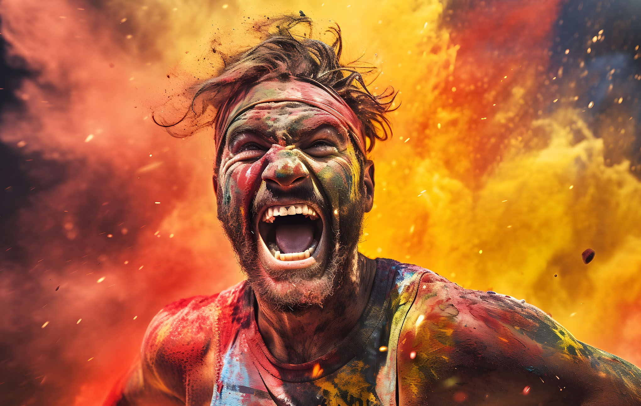A man covered in colorful powders yells energetically, with a vivid explosion of red and orange colors in the background, conveying a dynamic and intense emotional expression.