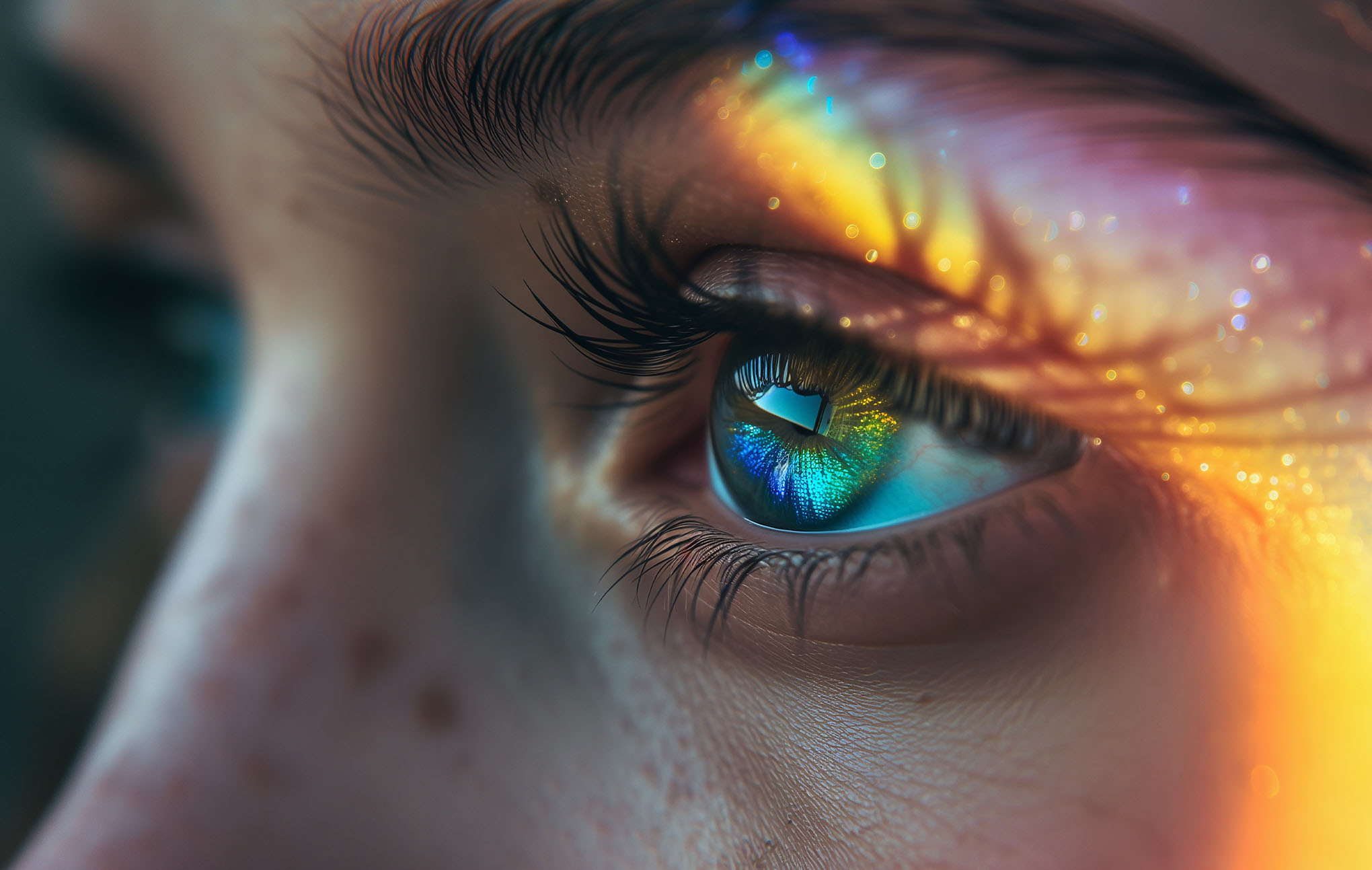 Close-up of a human eye displaying a vibrant rainbow reflection on the iris and tear duct, highlighting intricate eyelash details and skin texture.