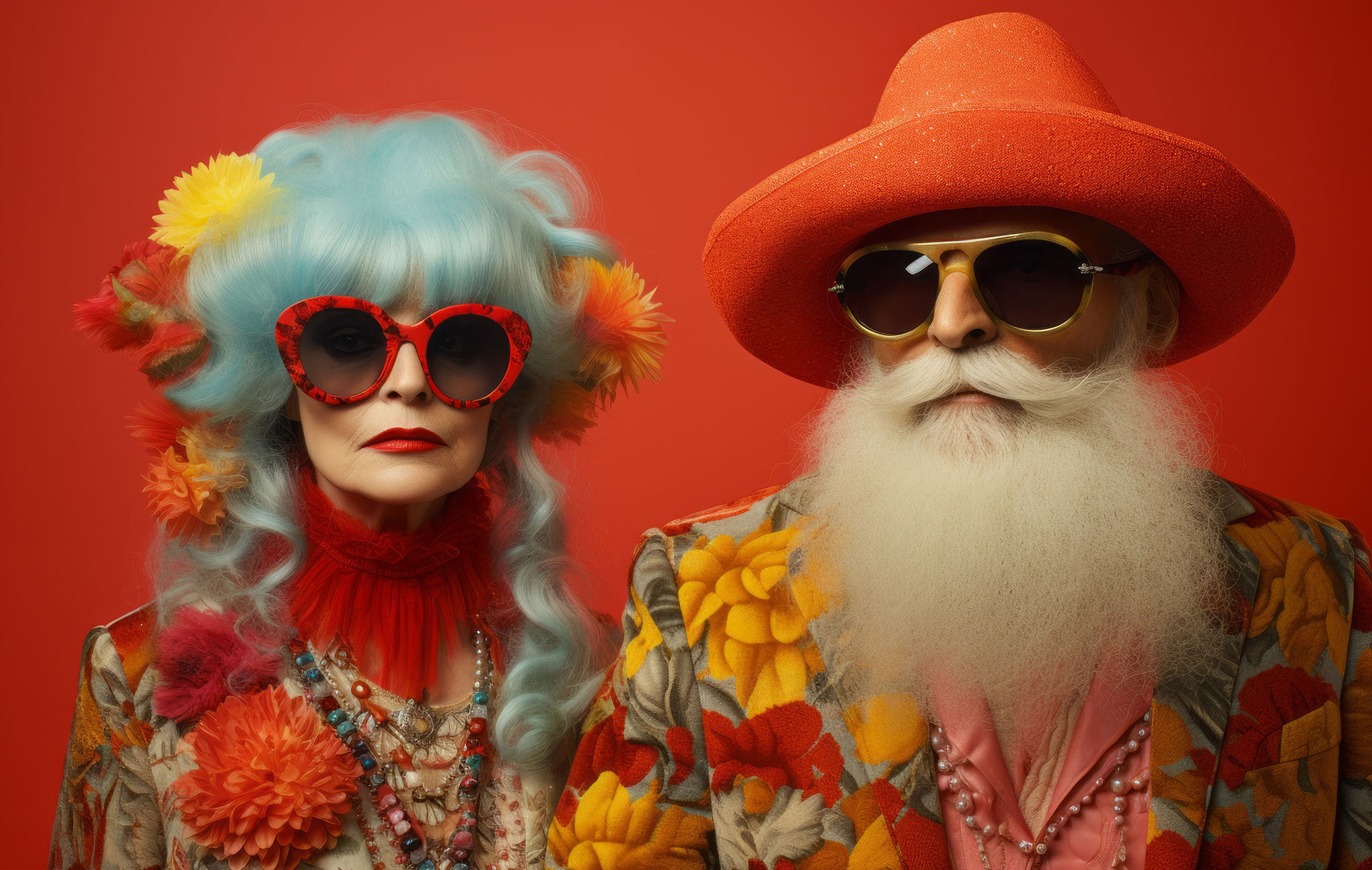 Two flamboyantly dressed senior models posing against a red background, featuring colorful outfits and accessible accessories.