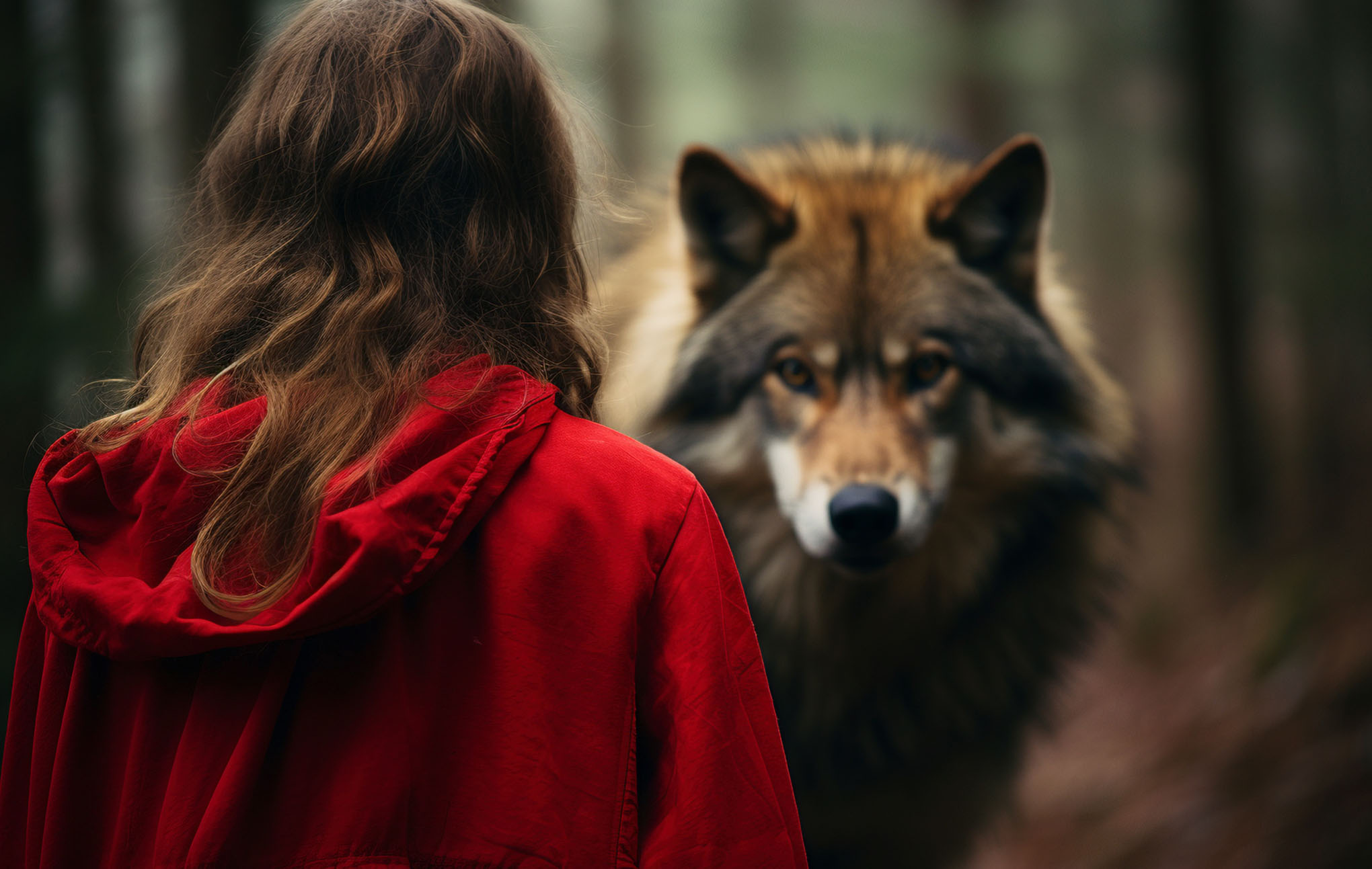 A young woman in a red hooded cloak stands in a forest, facing a large, attentive wolf with lush fur. the setting is misty, enhancing the mystical atmosphere of the encounter.