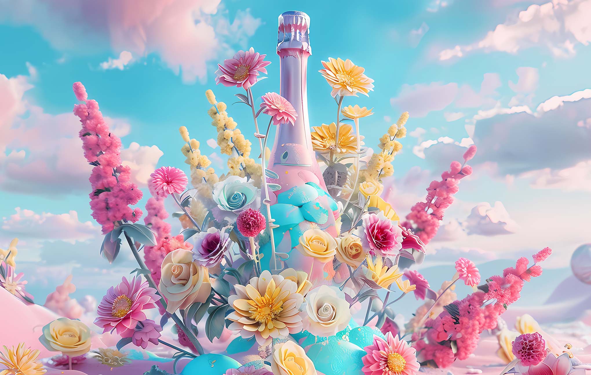 A vibrant and fantastical digital artwork featuring a central champagne bottle surrounded by a lush array of colorful flowers and whimsical pastel clouds in the background, creating a dreamy and serene atmosphere.