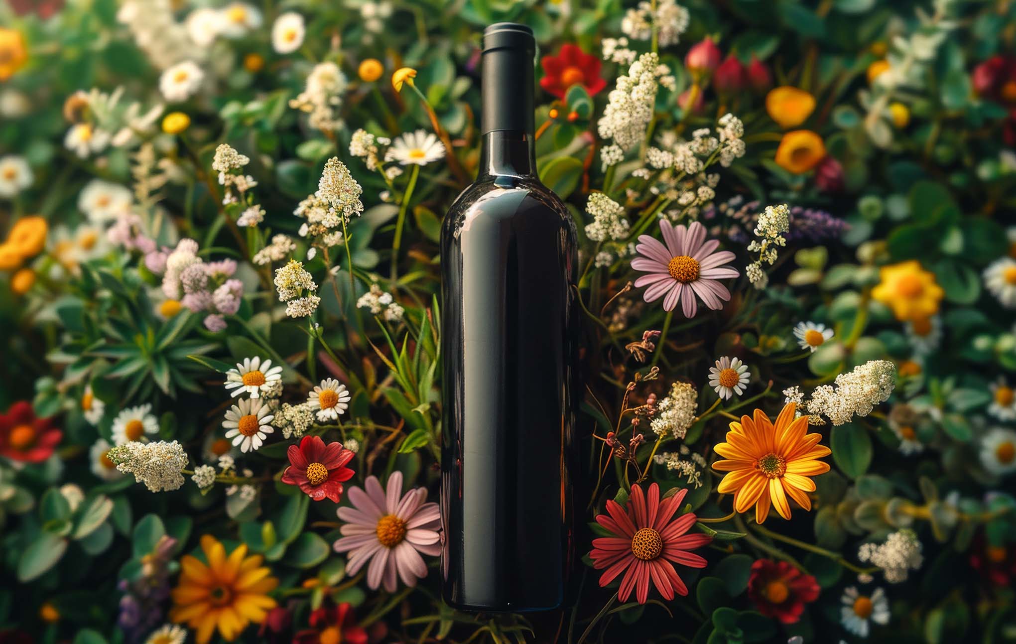 A dark wine bottle centered among a vibrant garden of colorful flowers, including daisies and other assorted blooms, creating a lush and aromatic setting on a Commerce7 website.