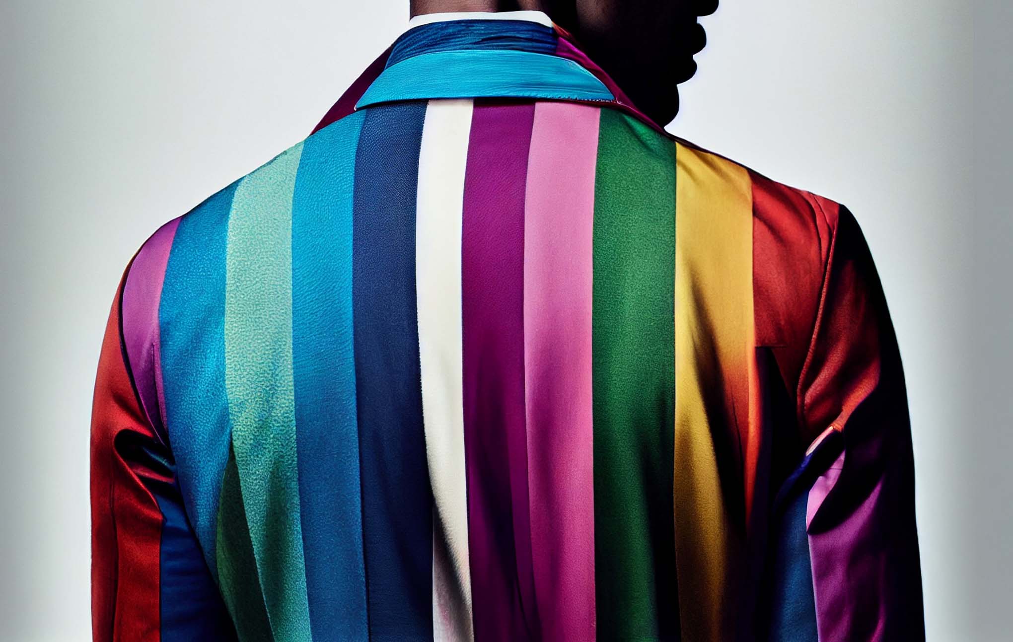A man is seen from behind wearing a vibrant, multicolored striped blazer with shades of blue, green, pink, and red, set against a soft gray background. the focus is on the sharp details of the tailored jacket and the bold color stripes.