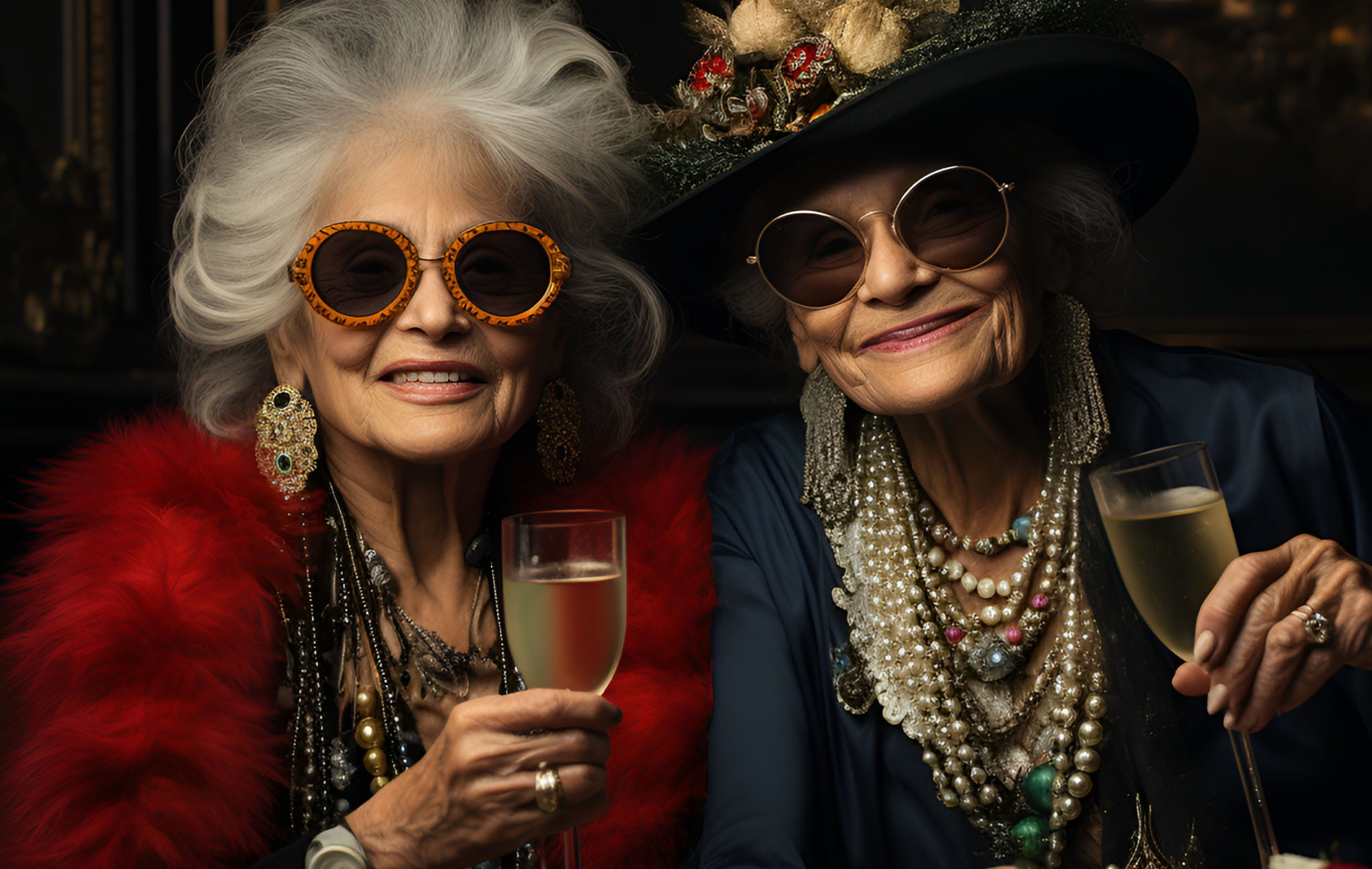 Two elderly women with stylish glasses and lavish accessories, including pearls and feather boas, smiling joyfully while holding champagne glasses.