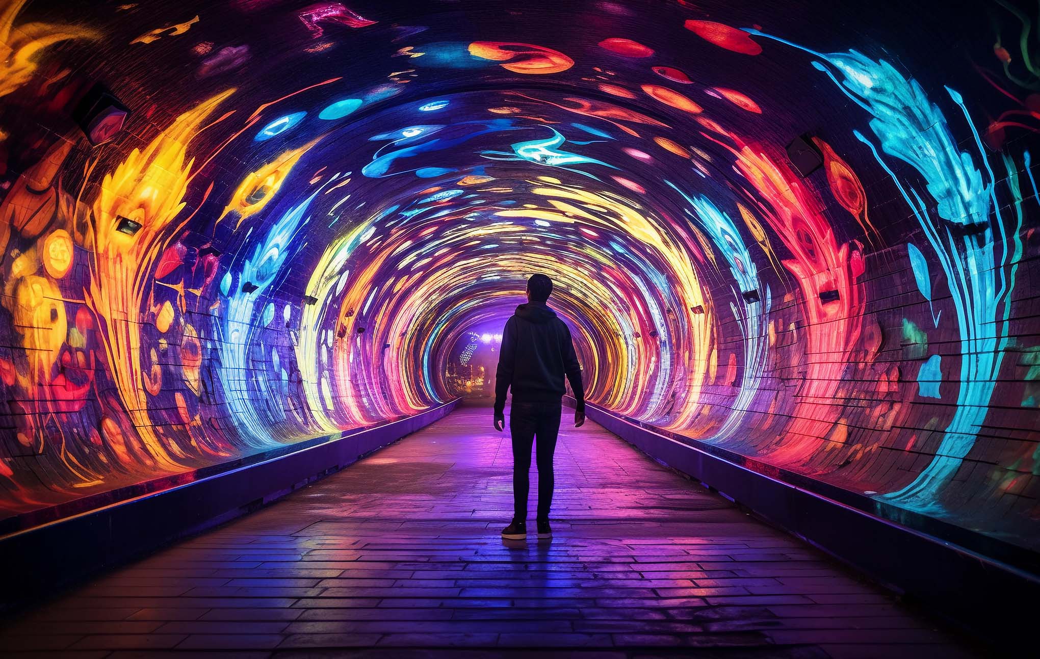 A person stands in a vibrant tunnel illuminated by colorful, abstract light patterns on the walls and ceiling, creating a vivid and immersive atmosphere. the floor is paved and the tunnel curves slightly ahead.