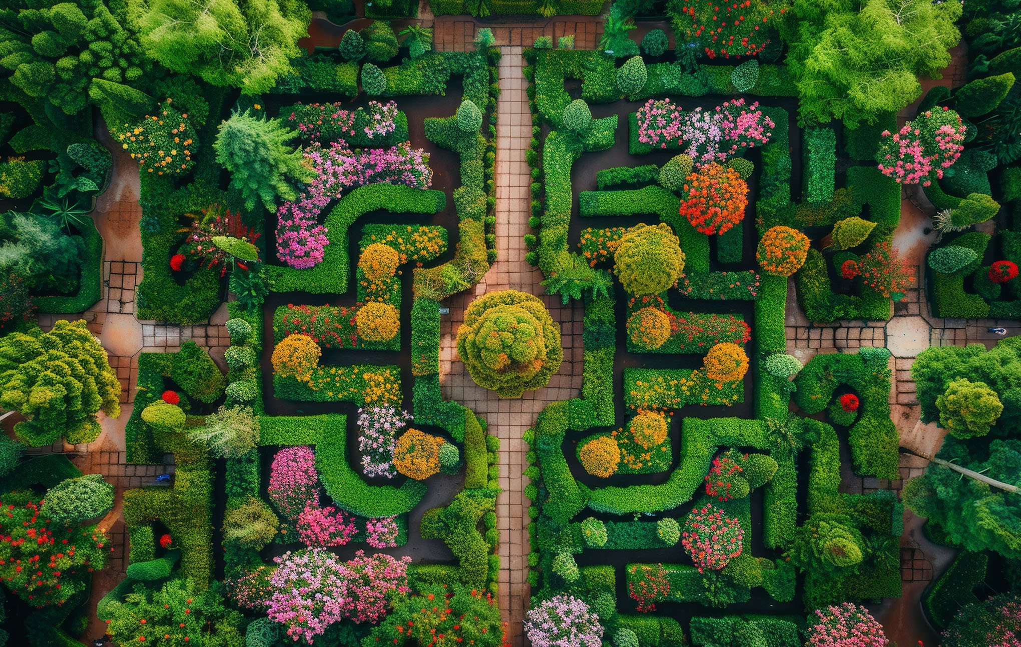 Aerial view of a lush garden maze with intricate paths and a variety of colorful flowers and manicured shrubs, centered around a circular design with a garden bench.