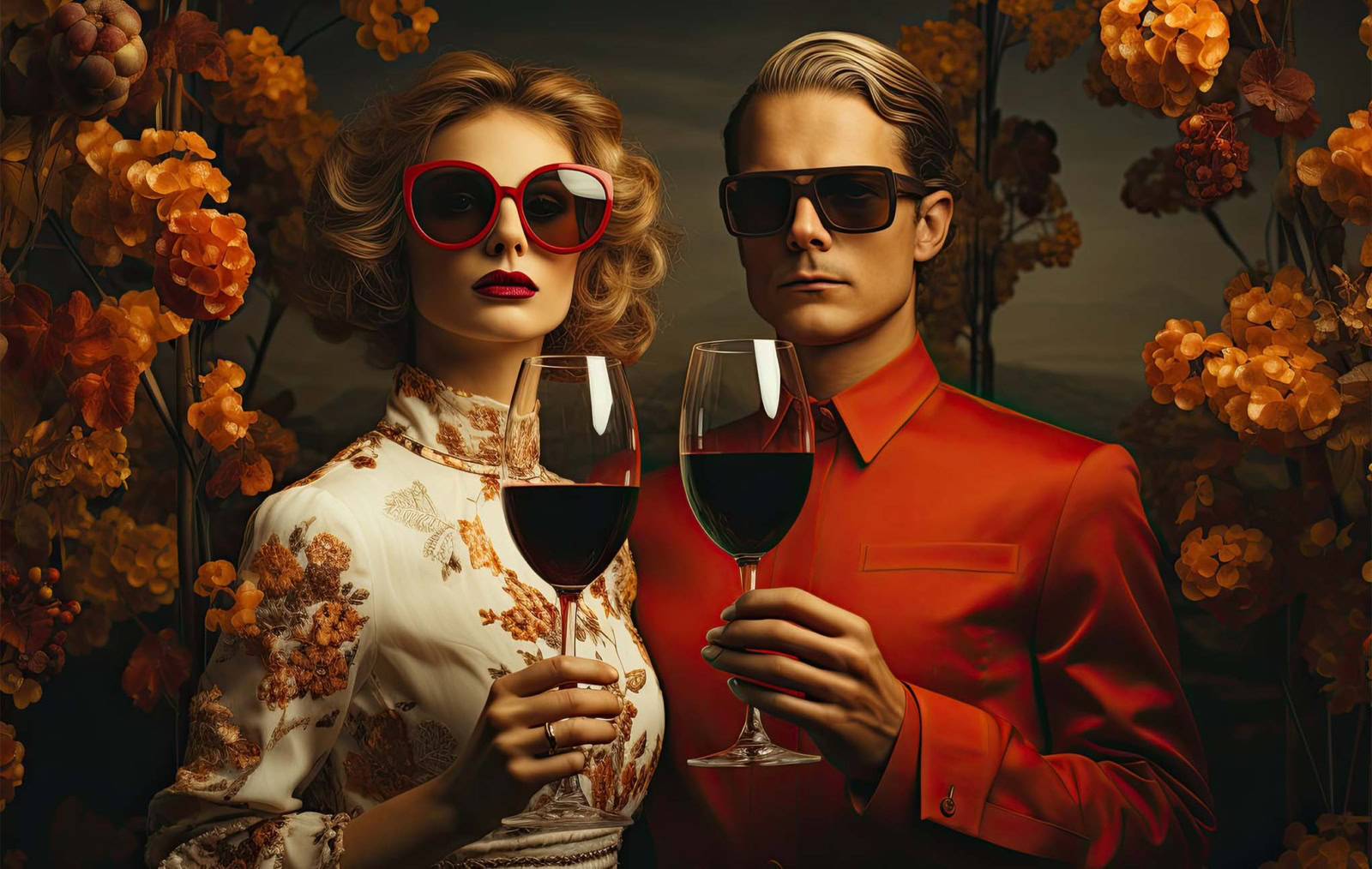 A stylish couple in vintage attire, holding wine glasses from the best wine marketing agency, against a floral backdrop. The woman wears large sunglasses; the man dons a sharp suit.