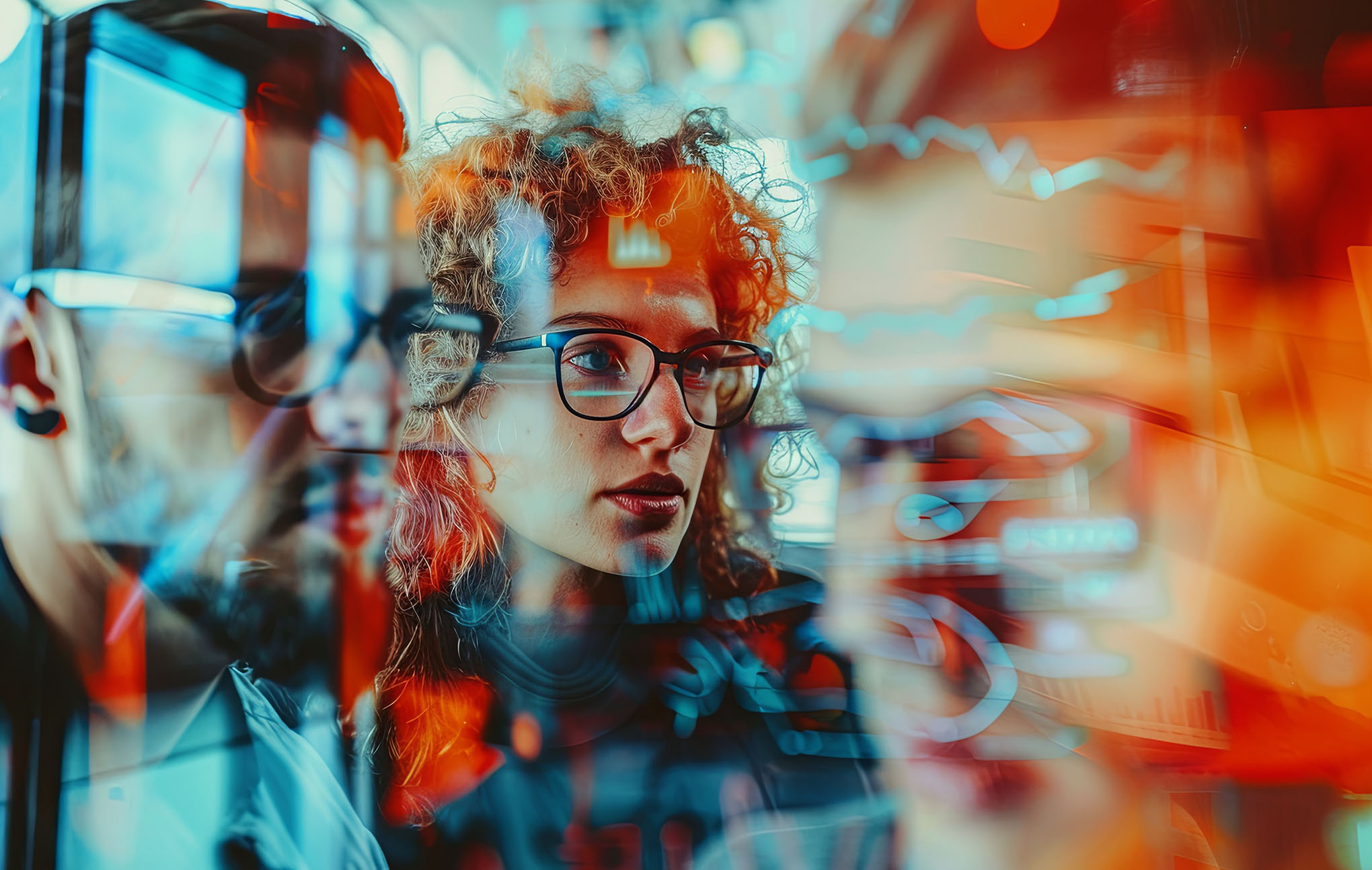 A vivid, abstract image featuring a young woman with curly hair and glasses centered among blurred figures and digital overlays in blue and red tones, conveying a dynamic, data-driven design atmosphere.