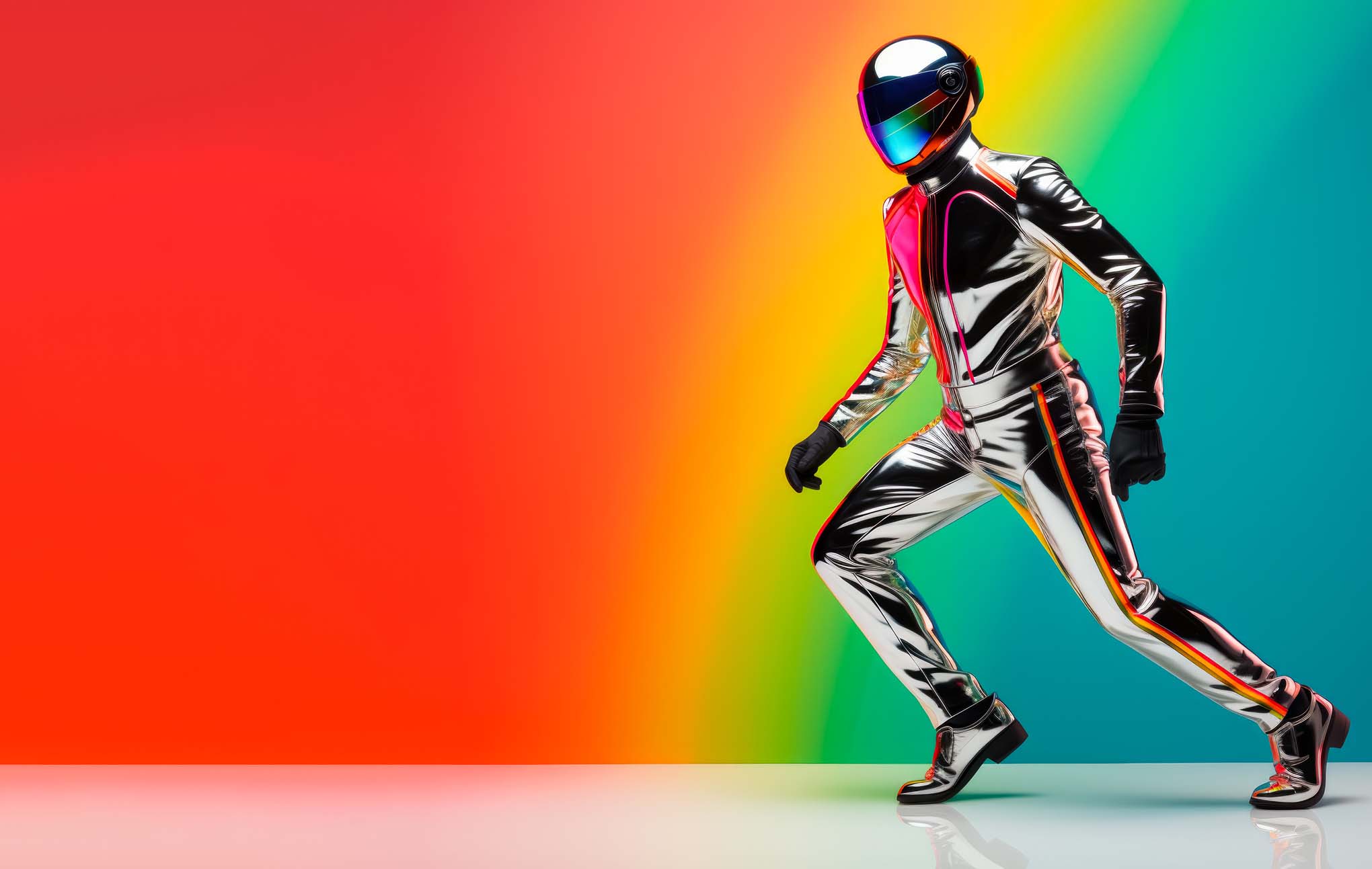 A person in a futuristic reflective silver spacesuit and a helmet with a colorful, iridescent visor is posing with one leg bent forward on a gradient background transitioning from red to green.