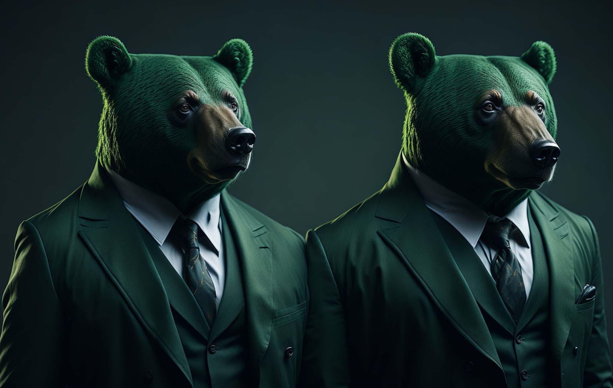 Two anthropomorphic bears in dark green suits, elegantly poised against a dim, greenish background. they exude a serious demeanor with a subtle light highlighting the texture of their fur and suits.