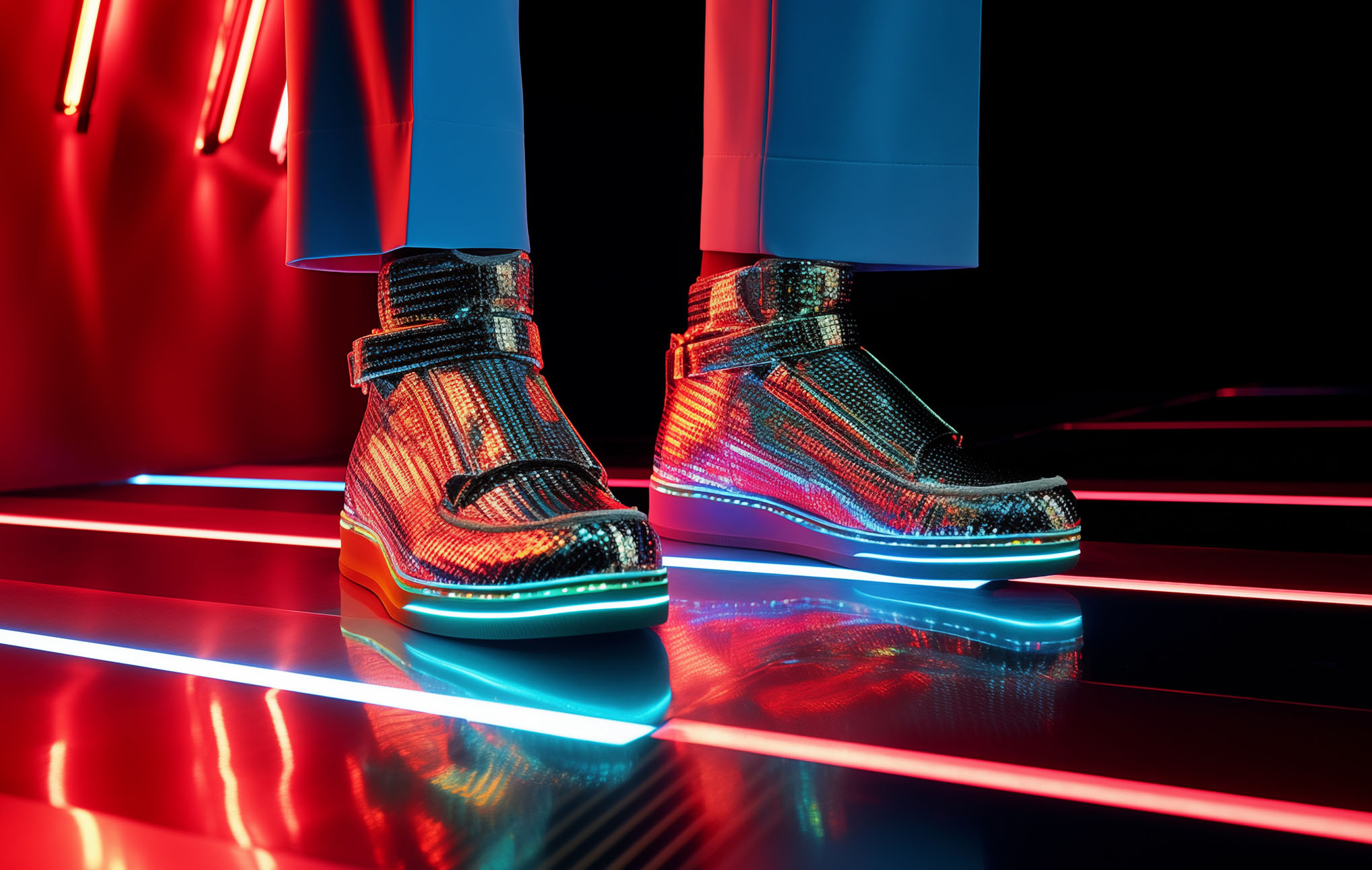 A pair of high-top shoes with a shiny, multicolored sequin design stands on a reflective surface amid vibrant, neon red and blue lights. the wearer's lower legs are visible, clad in bright blue trousers.