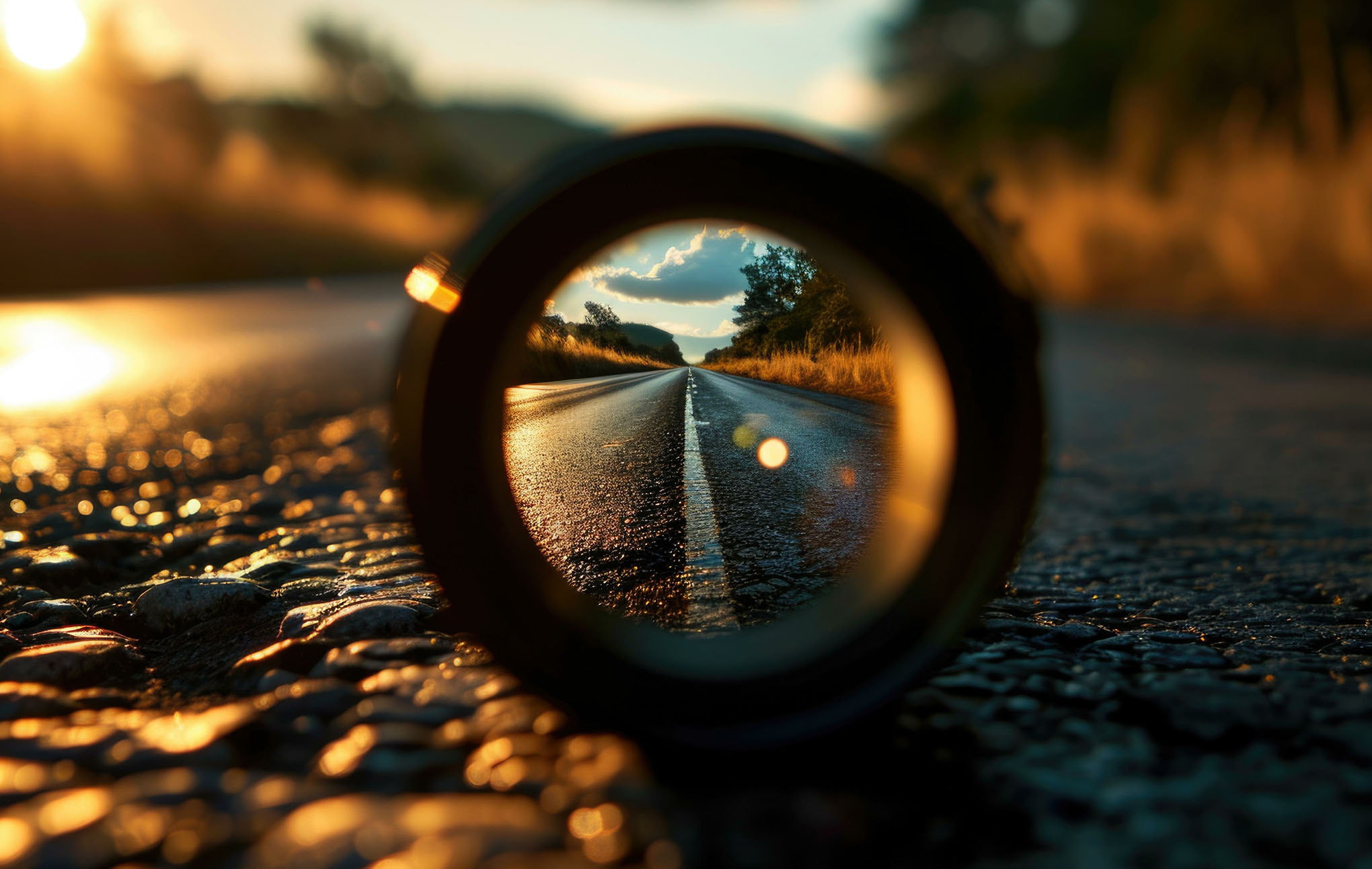 A camera lens placed on a road captures a sunset reflected in its glass, focusing on the vivid sky and a straight road stretching toward the horizon, surrounded by lush greenery under a golden light.