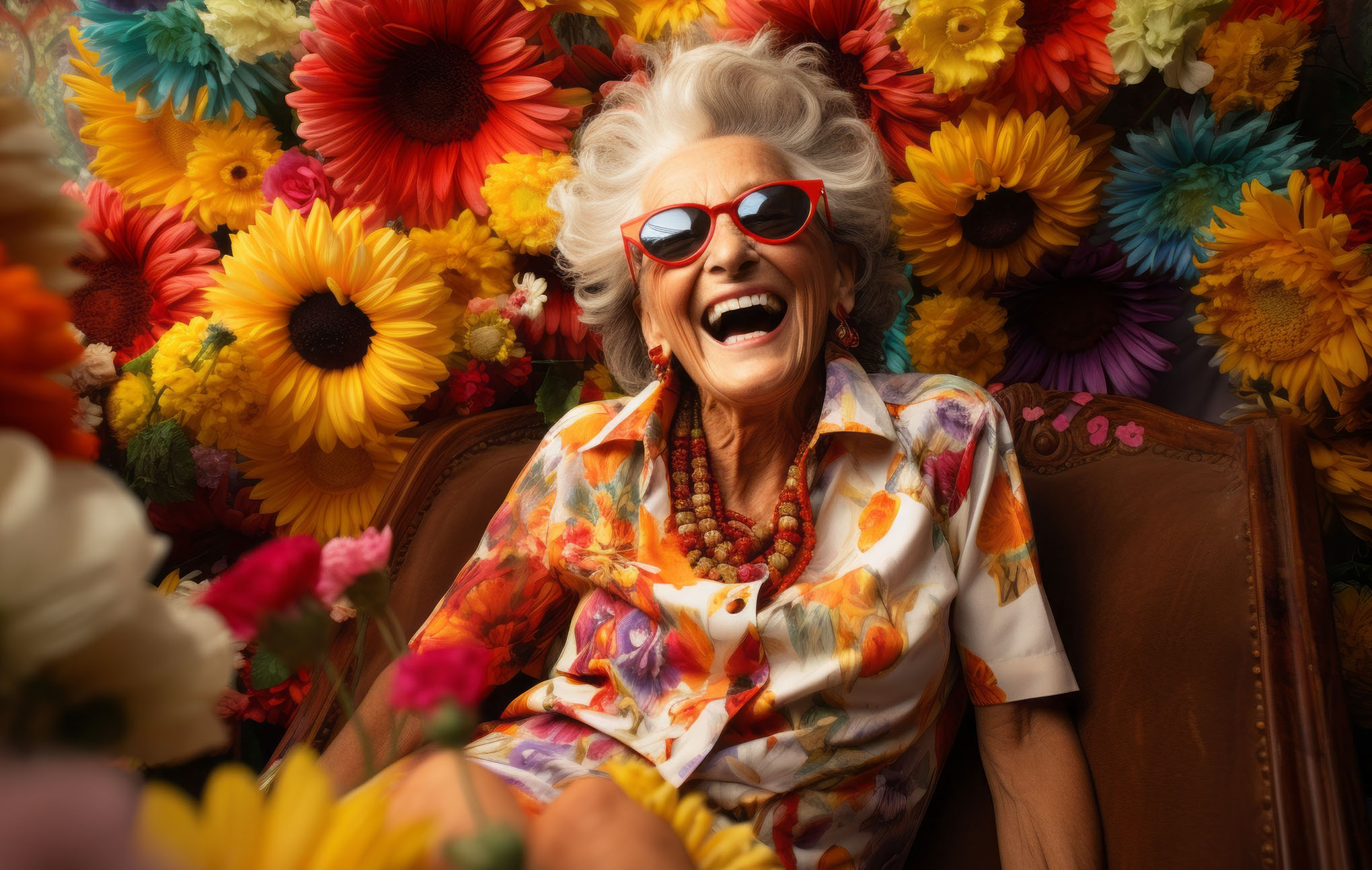 An elderly woman with wild gray hair laughs joyfully, sitting among multicolored flowers. she wears red sunglasses, a colorful floral shirt, and chunky necklaces, embodying a vibrant and lively spirit.