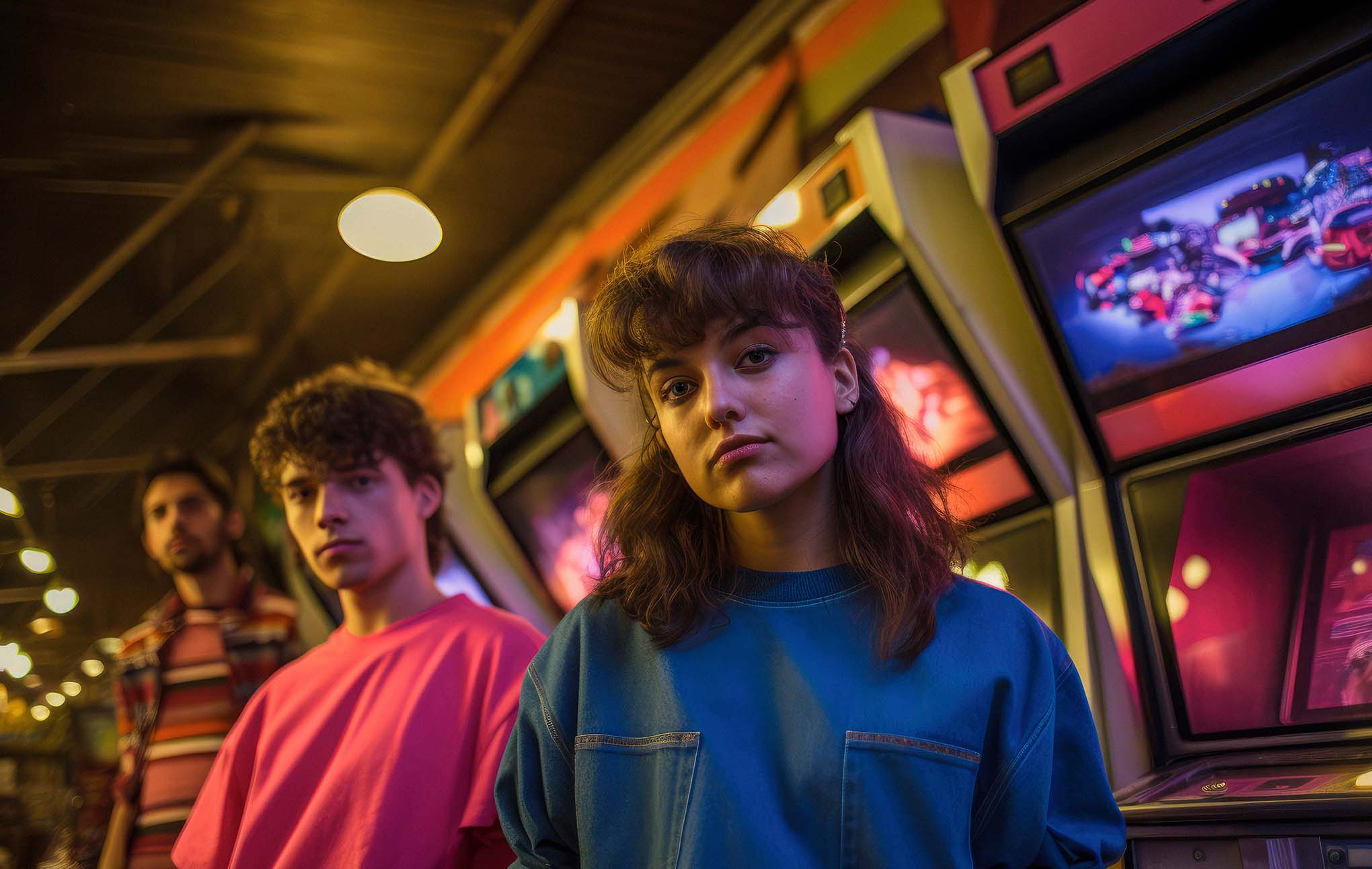 Three young adults stand in an arcade, illuminated by colorful arcade games and overhead lights,.