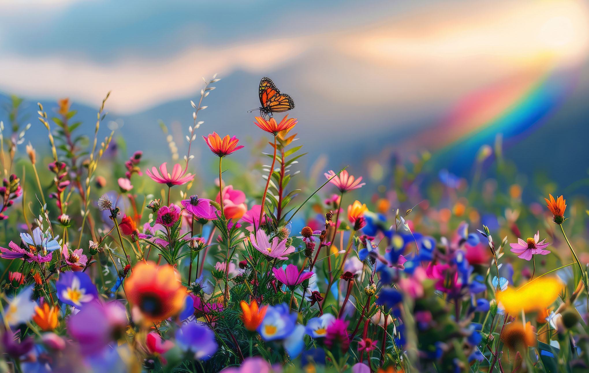 A vibrant field of multicolored wildflowers with a butterfly perched on one, under a soft sunset sky featuring a radiant rainbow stretching across the background.
