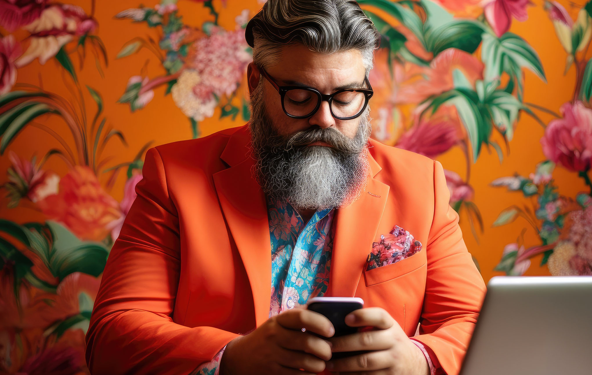 A stylish man with a full beard wearing a vibrant orange suit and floral shirt uses a smartphone. he is seated in front of a brightly colored floral-patterned wall, with a laptop next to him.