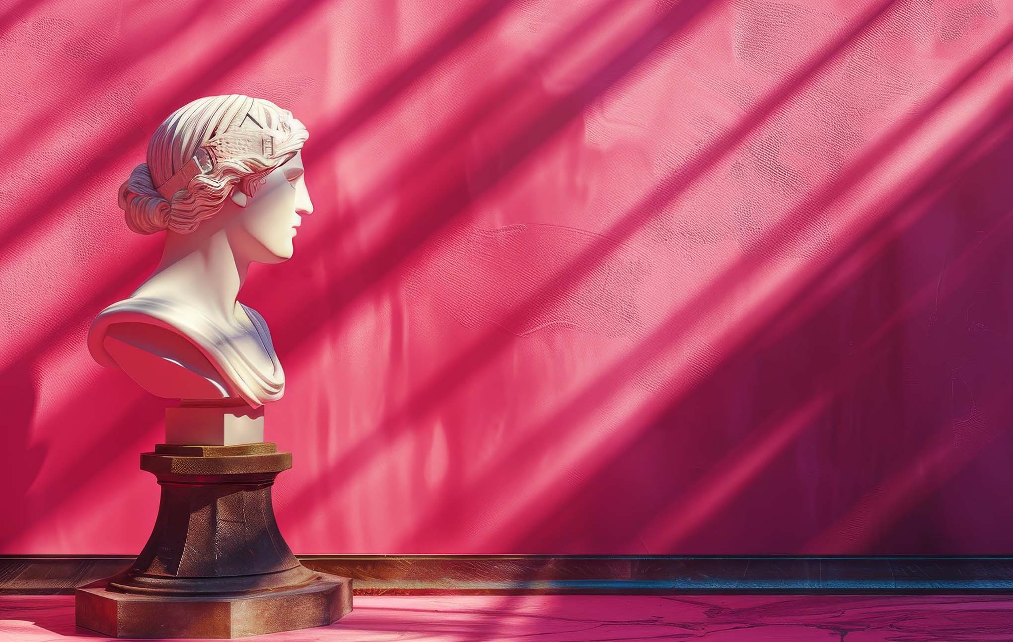 A classical white marble bust of a woman with a blindfold, set against a vivid pink background with dramatic light and shadow patterns. the bust rests on a dark pedestal, highlighting its detailed craftsmanship.