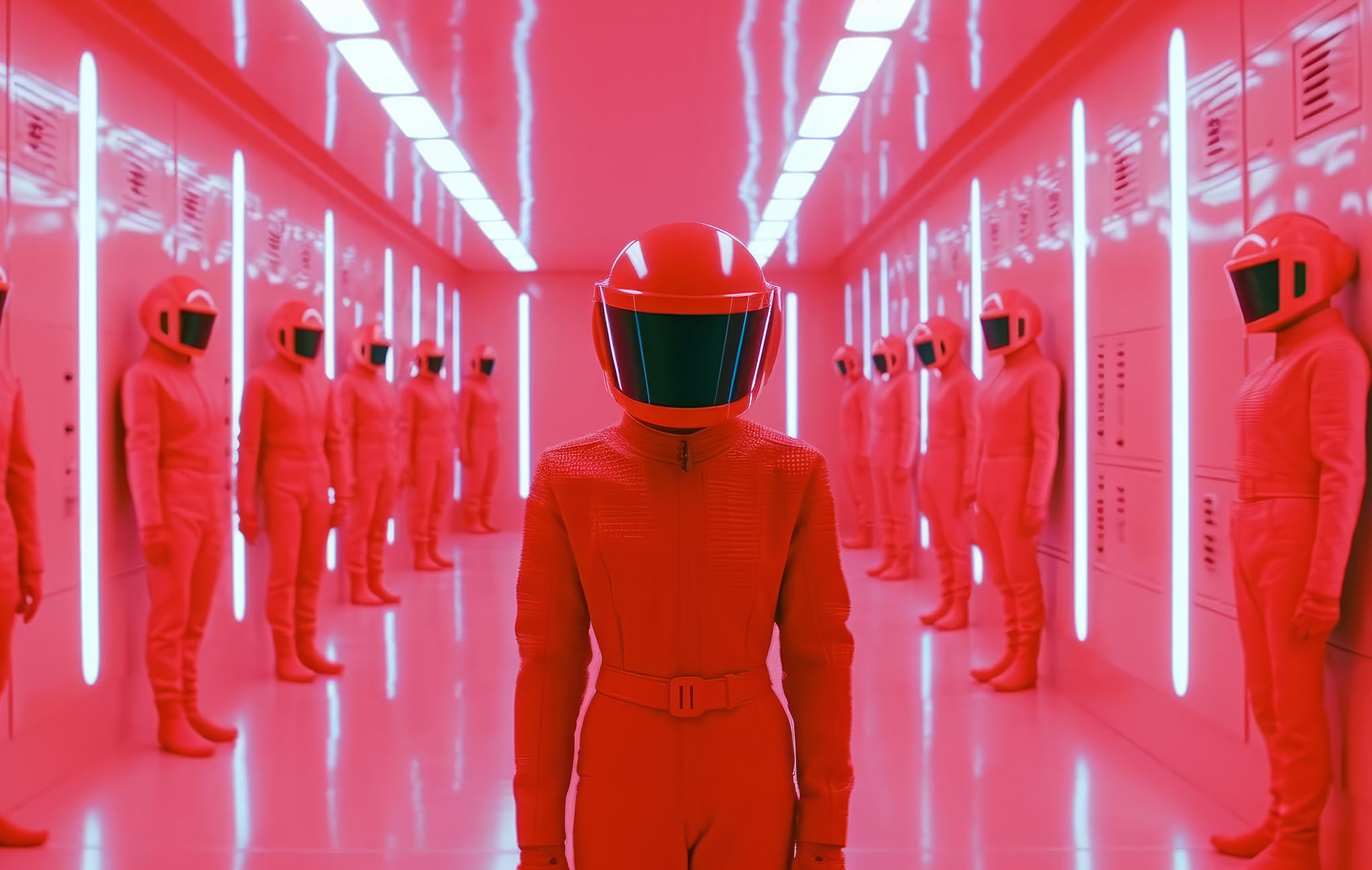 A person wearing a futuristic full-body red suit and helmet stands central in a corridor lined with similarly dressed people, all against a striking red-lit background with a symmetrical, high-tech design.