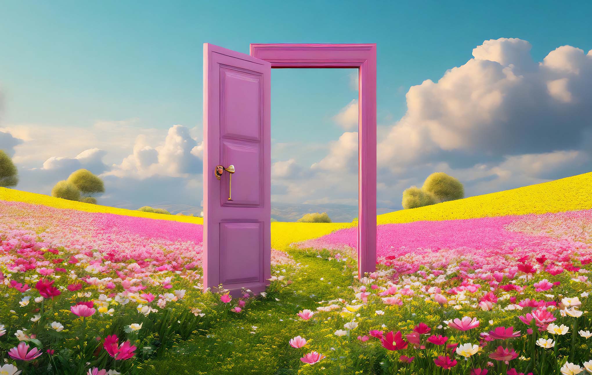 5forests A vibrant, surreal landscape featuring a pink door standing open in a colorful meadow under a blue sky with fluffy clouds. This customer-first marketing vision is realized in the meadow divided into yellow and pink