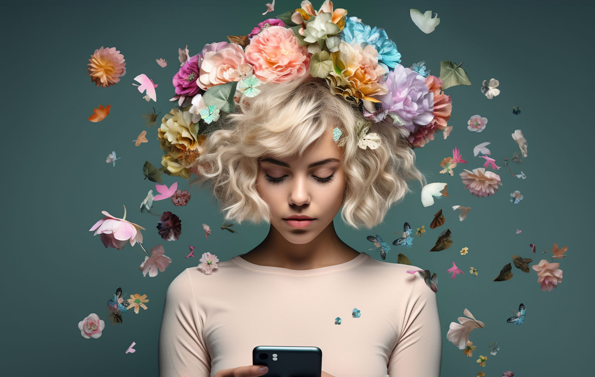 A young woman with curly blonde hair adorned with a colorful array of flowers on her head looks at her smartphone, surrounded by a flurry of loose petals and flowers against a teal background.