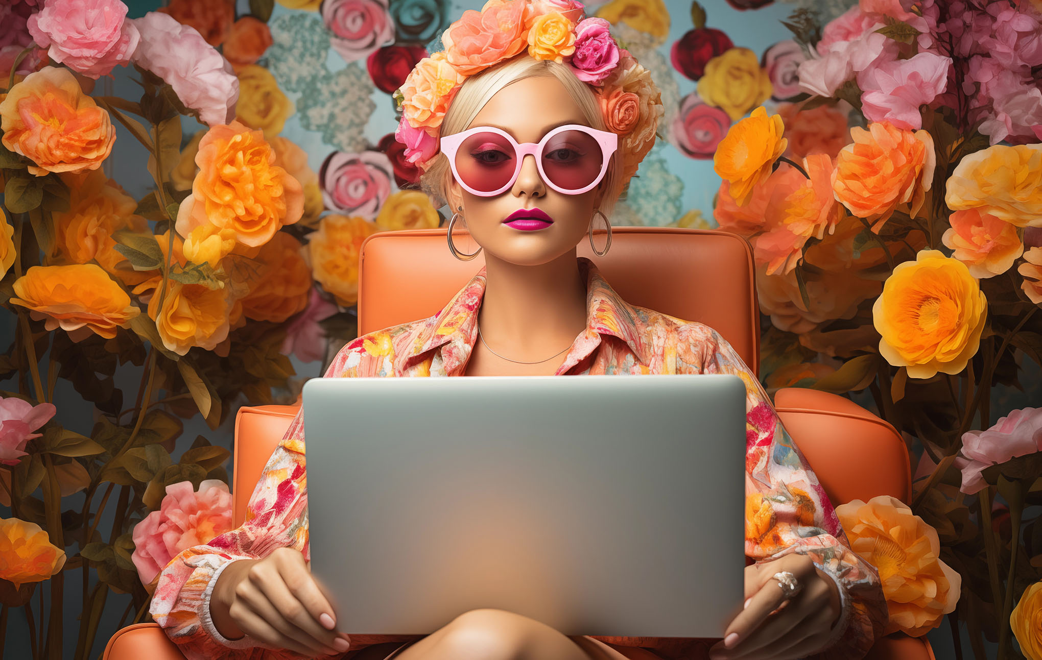A woman with a floral headband and pink sunglasses sits in a leather chair, using a laptop. she wears a colorful floral shirt, against a backdrop of vibrant roses in shades of orange and pink.