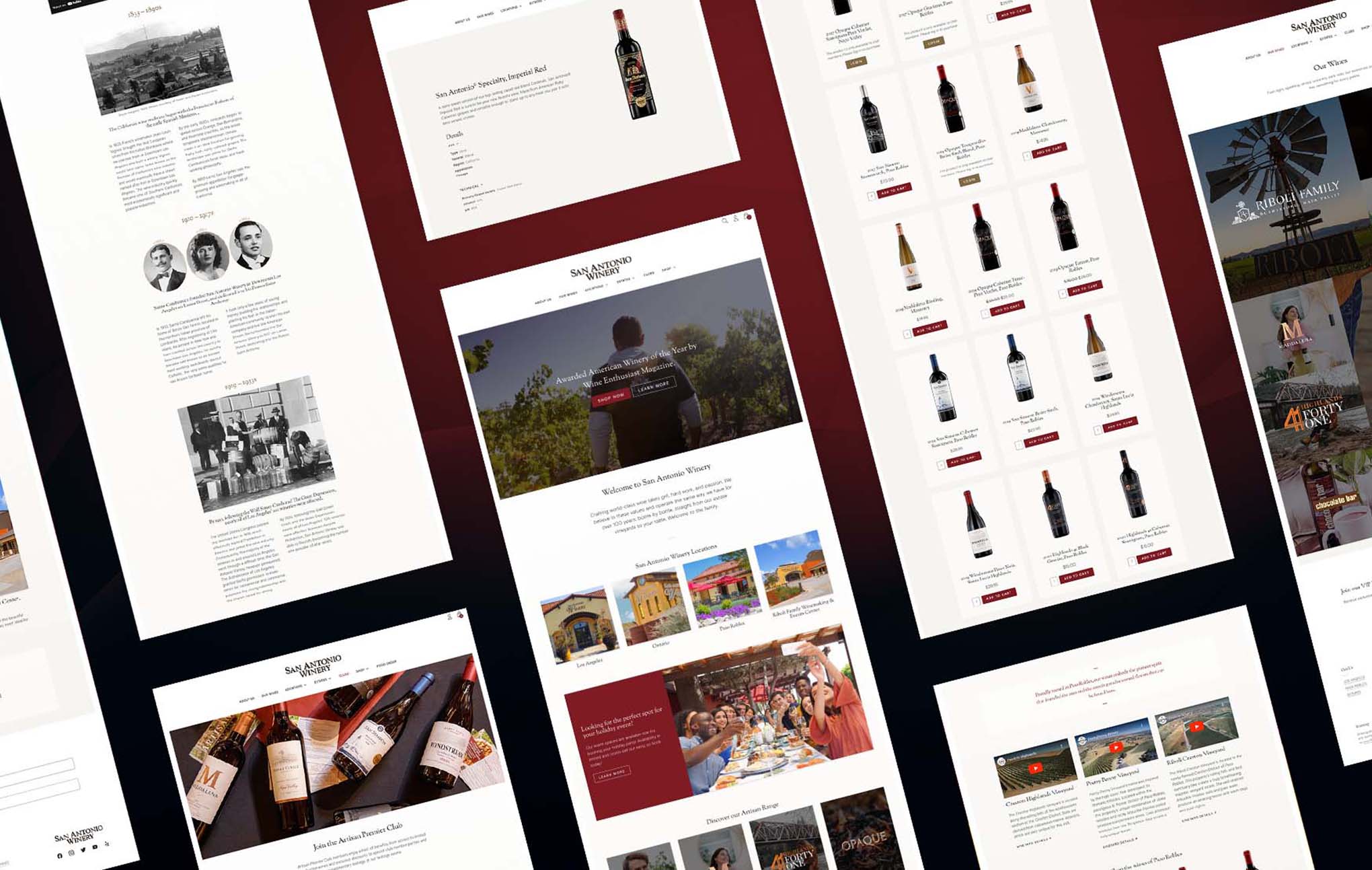 A collage of winery website pages displayed on a plain background, showing varied content including text, images of people, wine bottles, and scenic landscapes, all designed with a consistent red and white color scheme