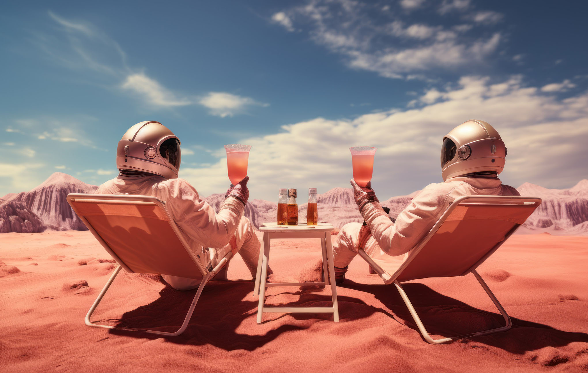 Two astronauts in white space suits are sitting on lounge chairs on a mars-like landscape, relaxing and holding drinks, with a small table between them under a surreal pinkish sky.