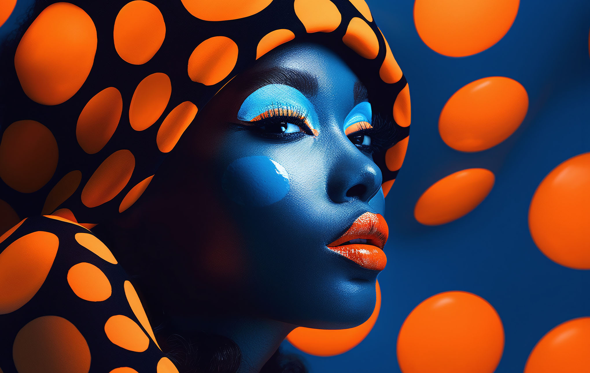 A woman with blue-painted skin features vivid orange lips and turquoise eye makeup. she wears a black hat with orange polka dots, matching the background's blue with orange dots. her expression is contemplative.