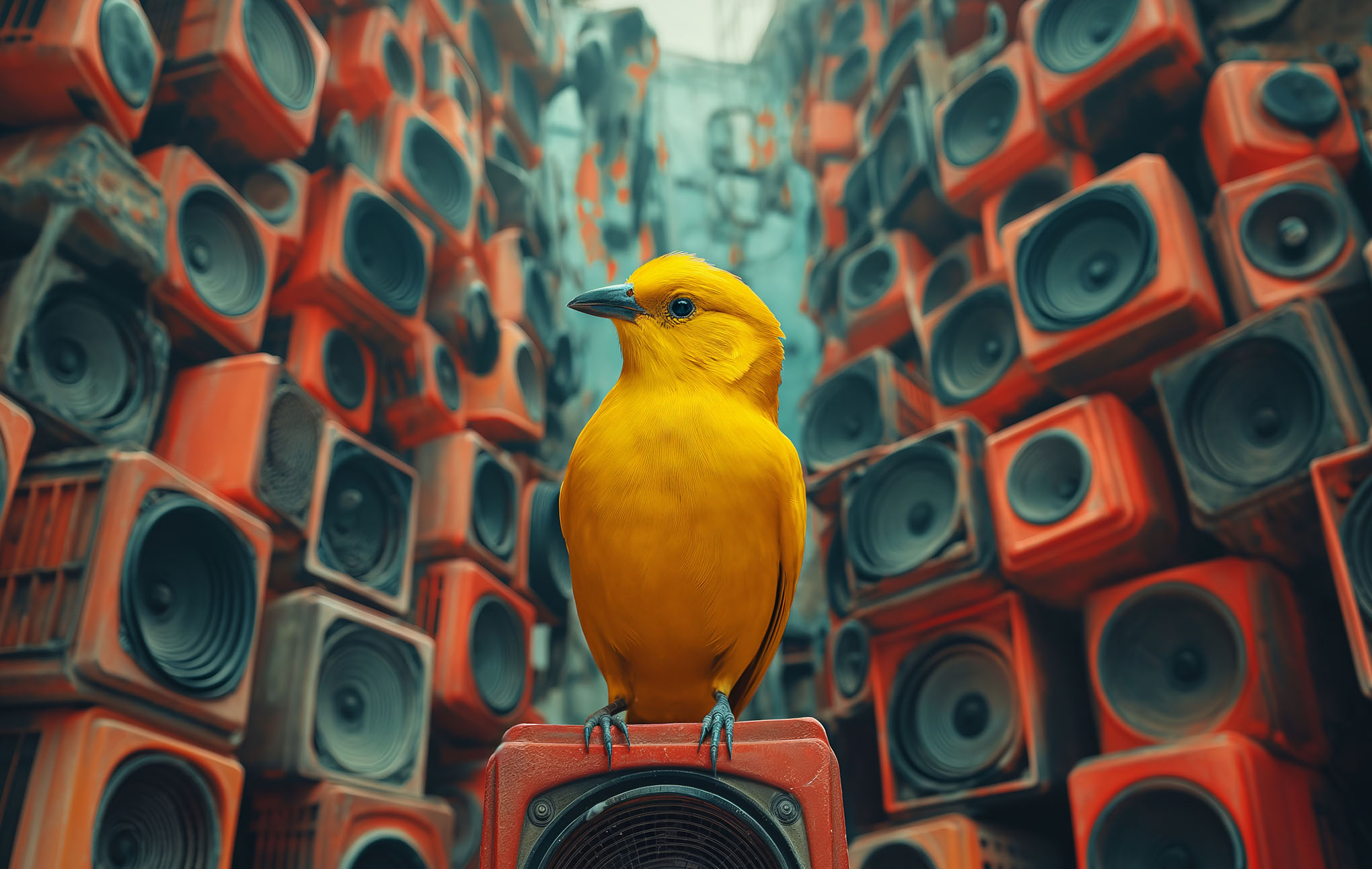 A vibrant yellow bird perched on a red speaker amidst a wall of stacked speakers in varying shades of orange and red, set against a muted, foggy cityscape background.