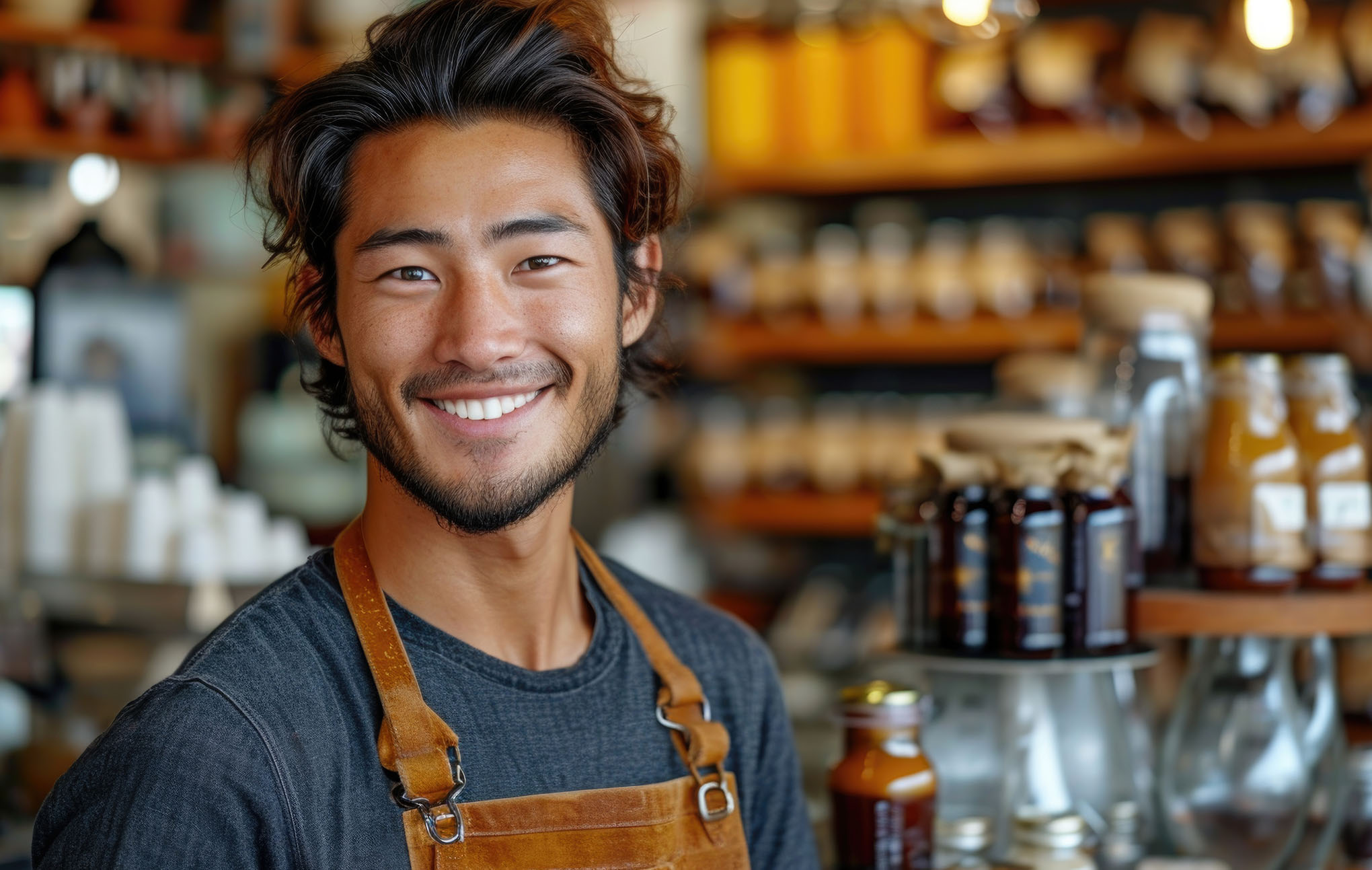 A cheerful asian man with a beard, wearing a brown apron and standing in a cozy café surrounded by shelves filled with jars and bottles. he has a friendly smile, looking directly at the camera.