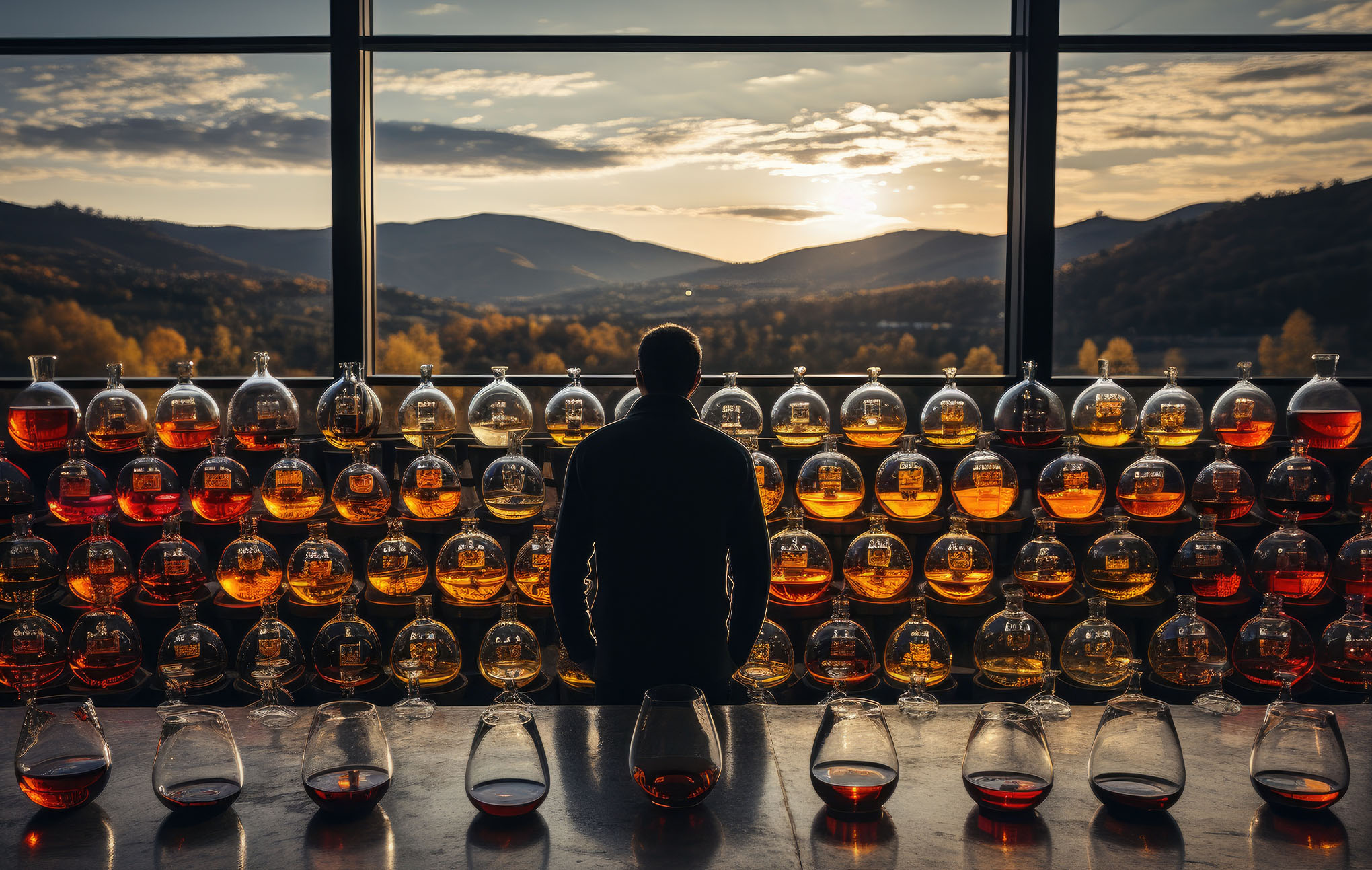 A man stands at a table lined with rows of brandy snifters, each containing varying shades of amber liquid. he faces a large window showing a picturesque sunset over rolling hills. the scene is warmly lit by the setting sun, creating a serene atmosphere.