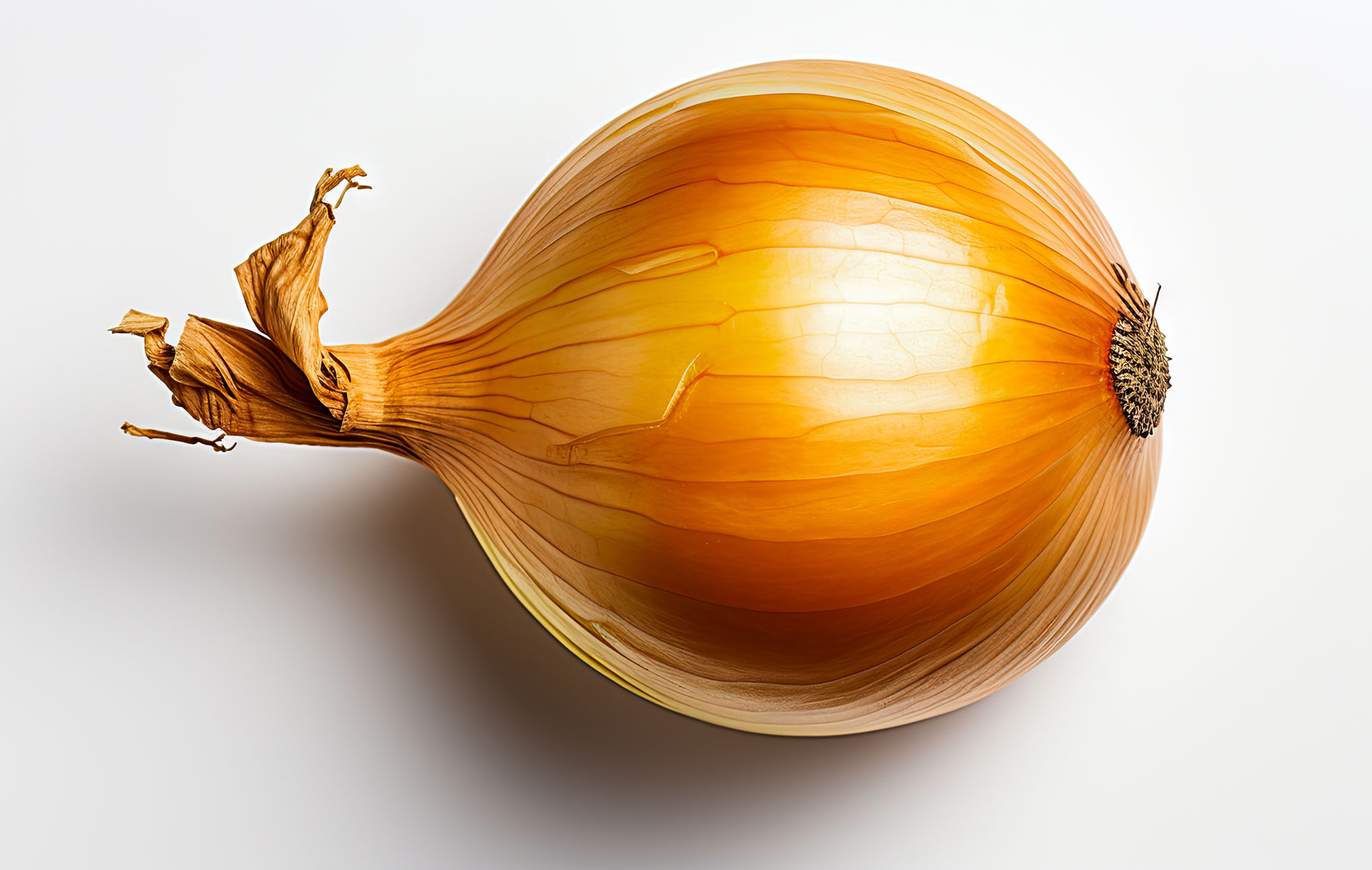 A high-resolution image of a whole onion with a glossy, translucent skin. the onion shows a rich gradient from pale yellow at its base to deep amber at the top, with delicate, slightly wrinkled layers visible. the stem end features dry, curled roots.