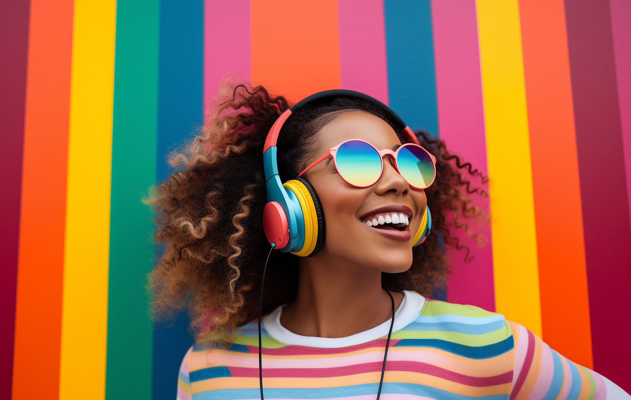 A joyful woman with curly hair wearing colorful headphones and sunglasses smiles broadly against a vibrant multicolored striped background, reflecting bold lines of pink, blue, green, and yellow.