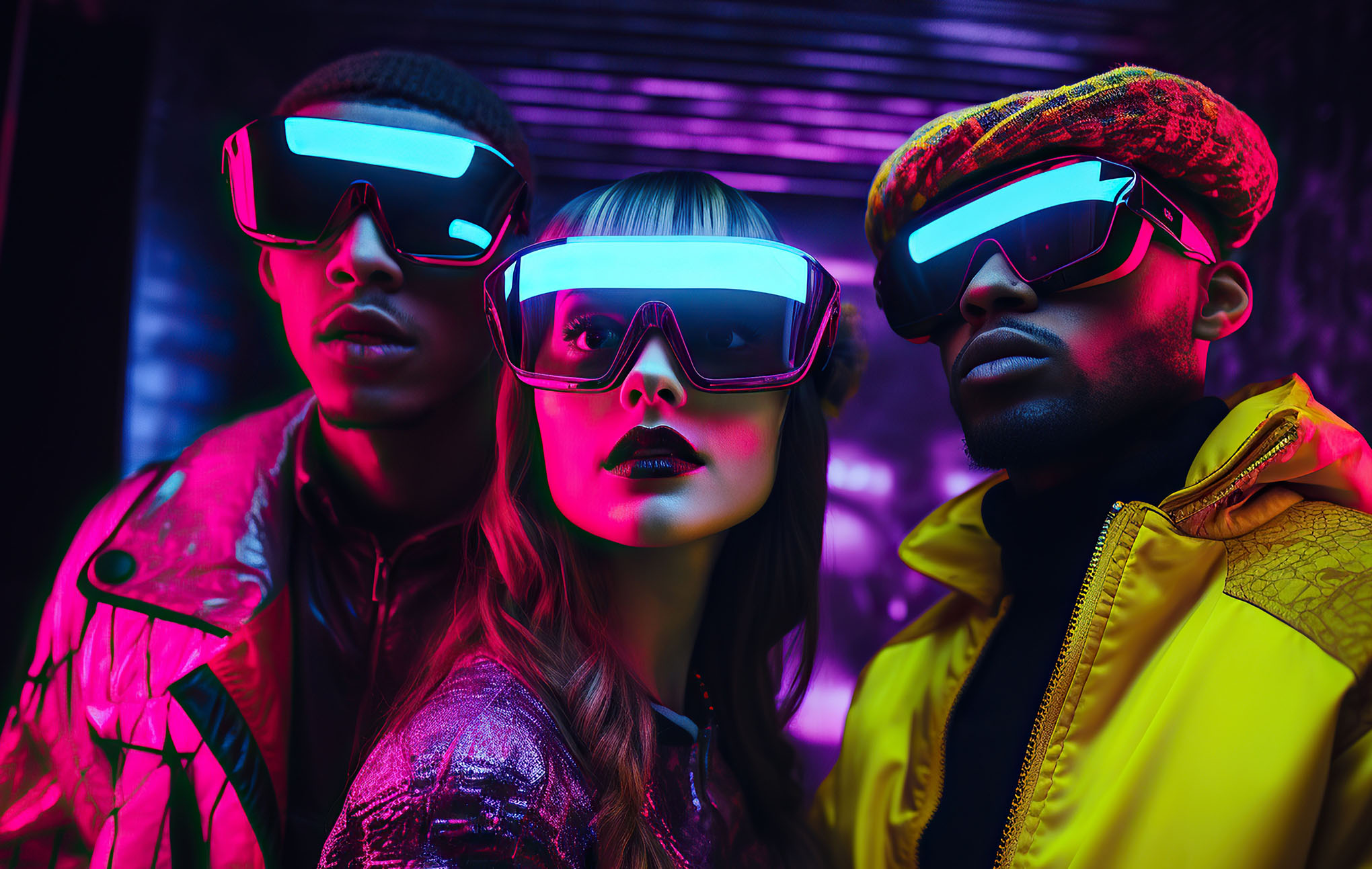 Three young adults in futuristic attire and oversized sunglasses stand together against a neon-lit backdrop. the vibrant lights cast a mix of blue and pink hues on their expressive, trendy outfits.