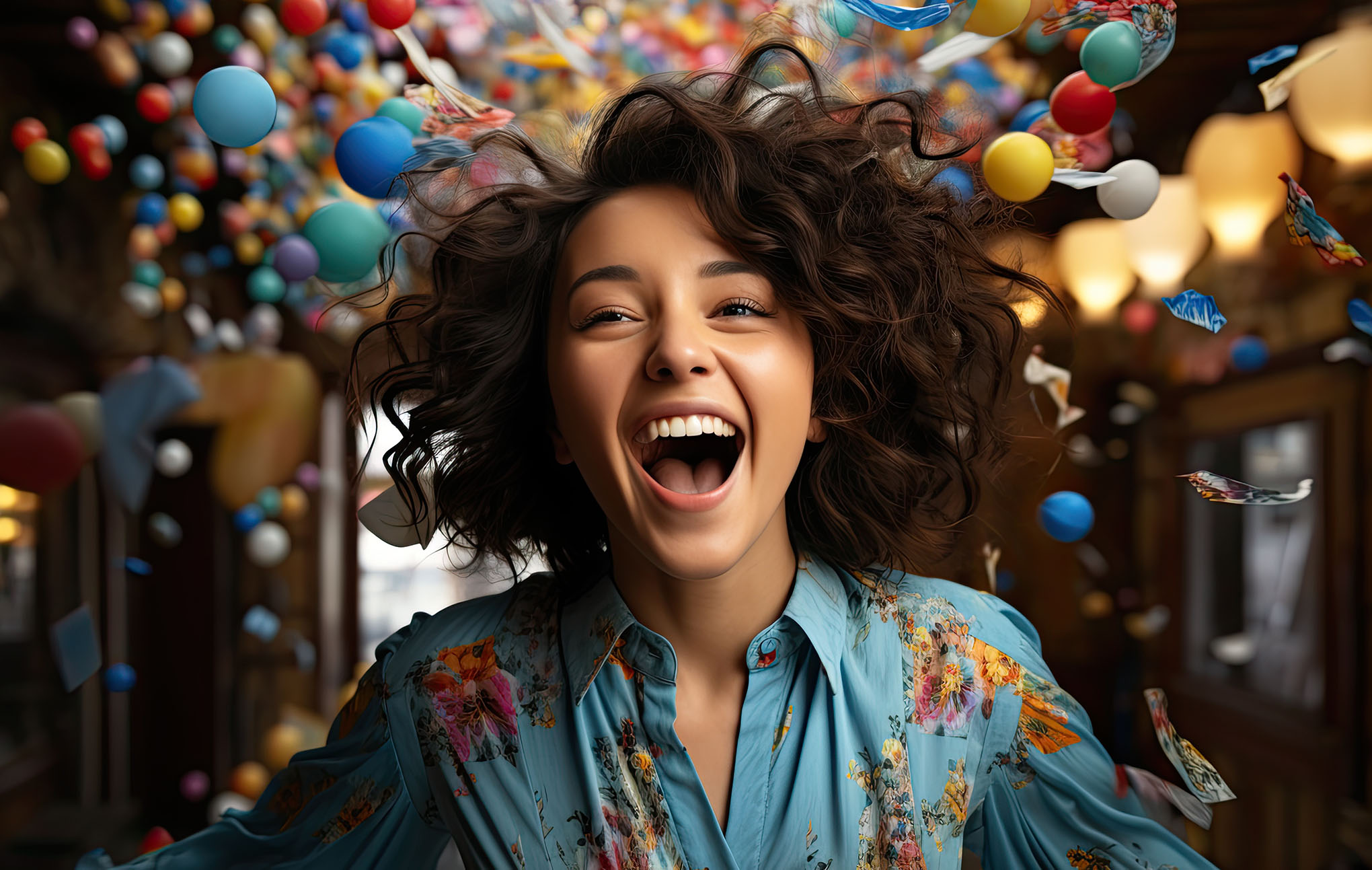 A joyful woman with curly hair laughing in a vibrant setting, surrounded by a flurry of colorful floating balloons. she wears a floral blue shirt and exudes a sense of festivity and happiness.