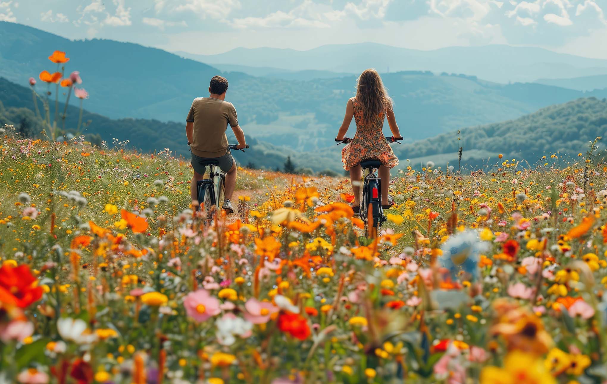 A man and woman cycling through a vibrant wildflower meadow in a mountainous landscape. the scene is bathed in sunlight, highlighting the multi-colored blooms and distant green hills under a blue sky.