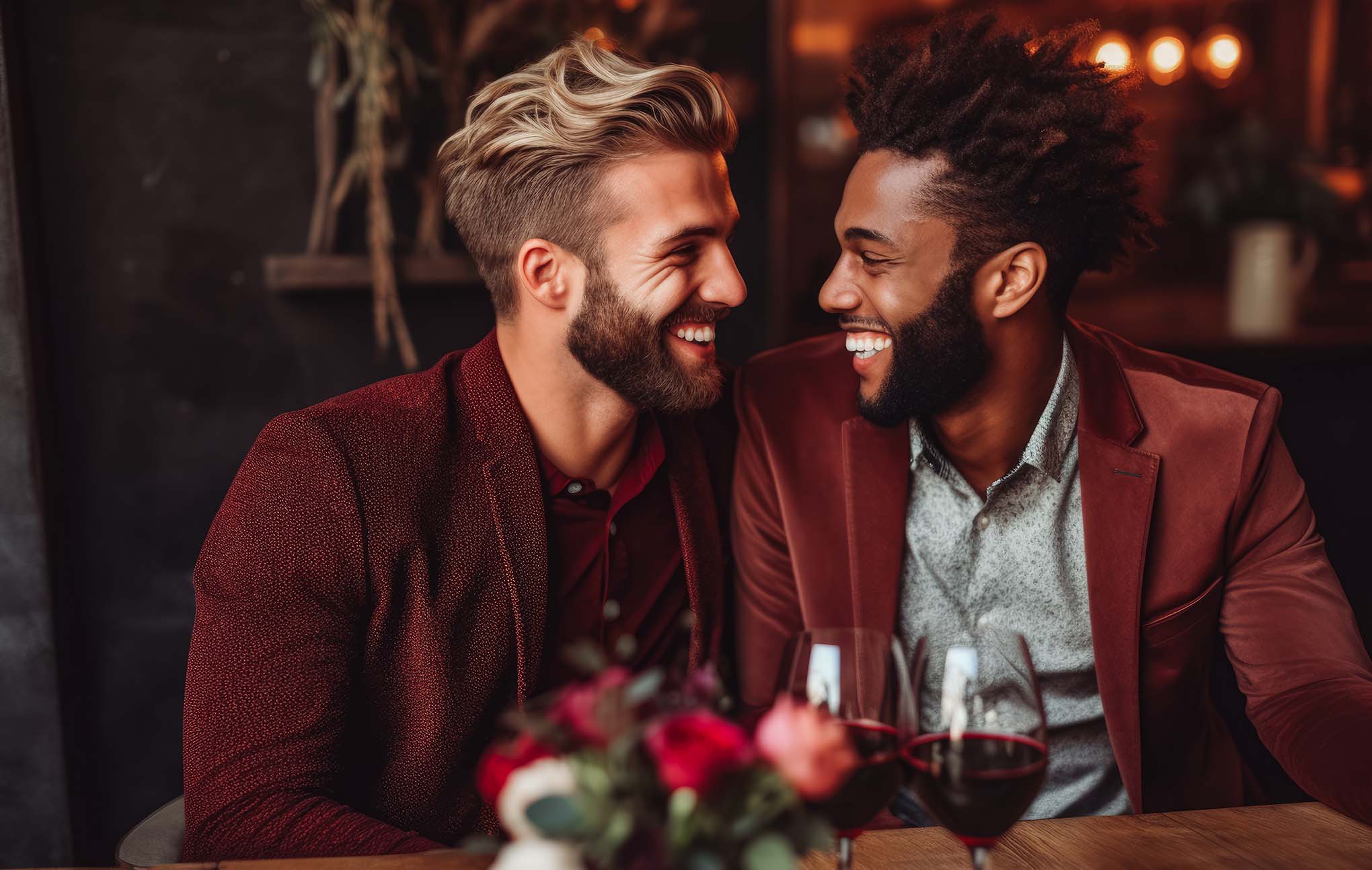 Two men sharing a joyful moment at a restaurant, sitting close together with glasses of red wine. one has blonde hair, the other has dark, curly hair. a bouquet of red roses adds a romantic touch to the scene.