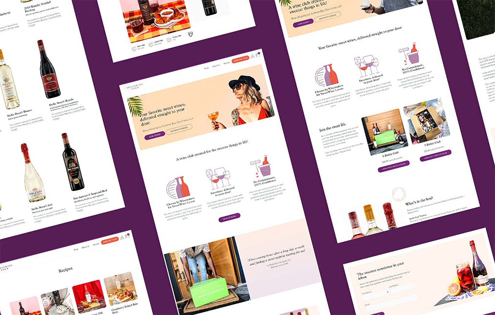 A collage of Stella Rosa Sweet Wine Club website pages displayed on a plain background, showing varied content including text, images of people, wine bottles, and scenic landscapes, all designed with a consistent purple and pink color scheme