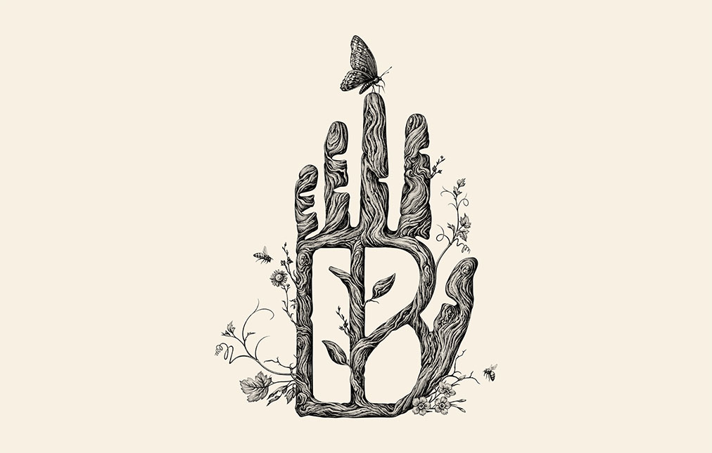 The image features a black and white illustration of the letter B shaped like a human hand, surrounded by small plants and flowe