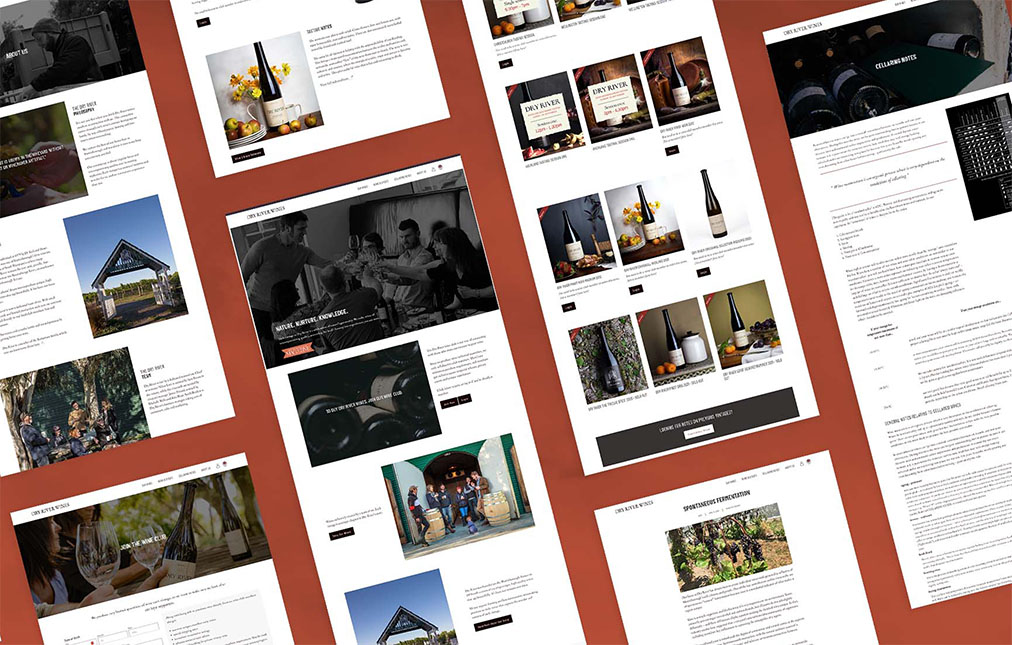 A collage of Dry River winery website pages displayed on a plain background, showing varied content including text, images of people, wine bottles, and scenic landscapes, all designed with a consistent orange and white color scheme