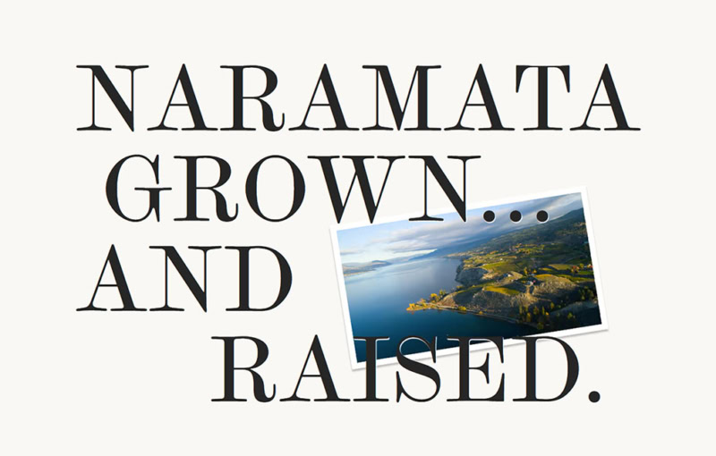 image reads Naramata Grown and Raised with a small polaroid style image of the Naramata Bench