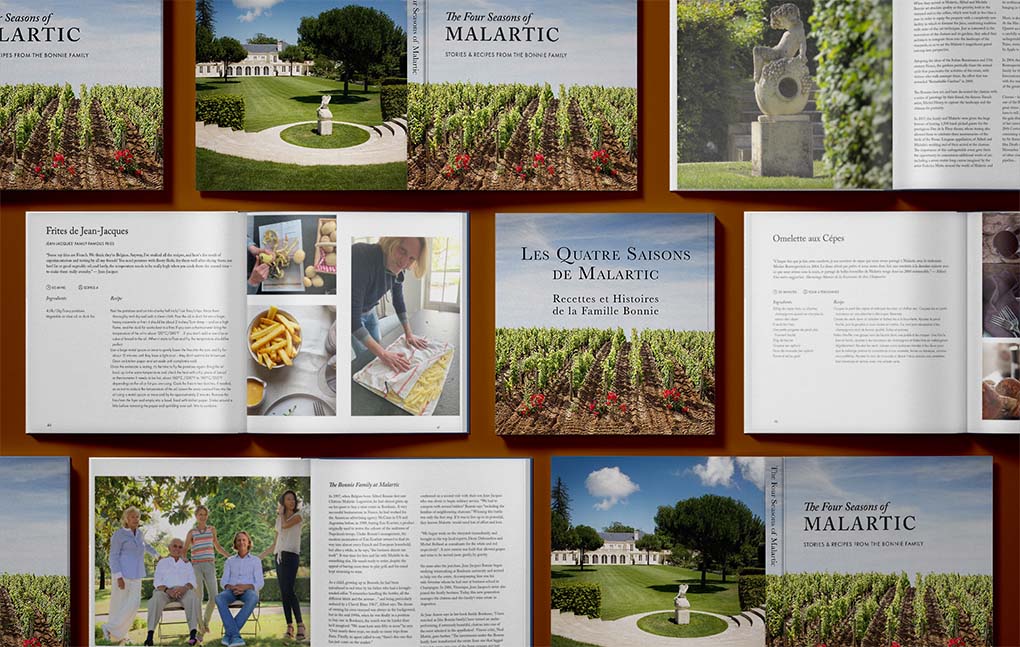 A collage of open cookbook pages displaying various scenes and recipes related to the four seasons. images include picturesque garden views, family portraits, and french recipes like fries. text is in both english and french.